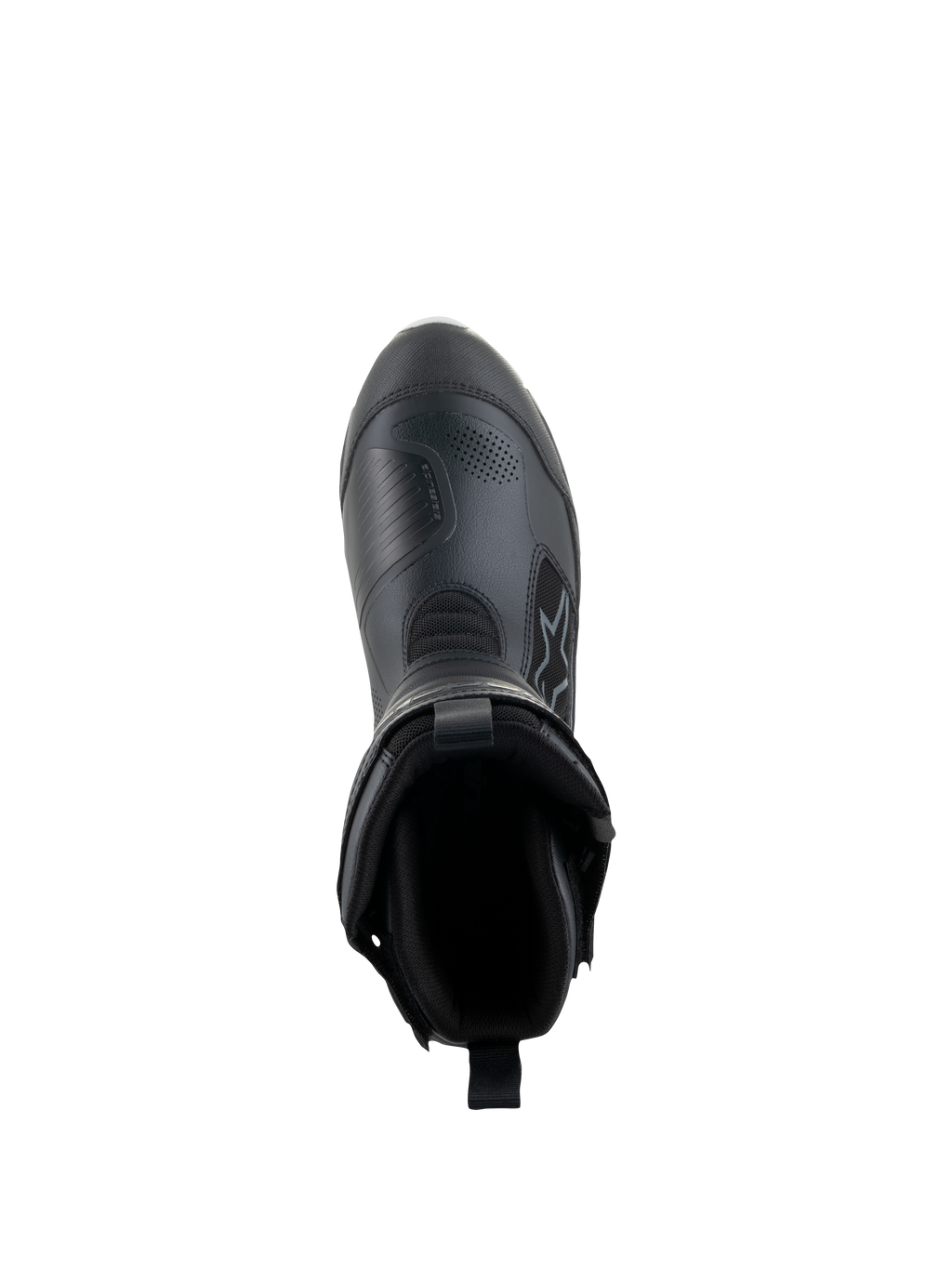 Stivali Alpinestars Donna Stella RT-7 Touring Drystar®, nero, vista dall'alto che mostra l'apertura dello stivale e la fodera interna, costruzione avanzata in microfibra e tessuto per il touring d'avventura.
