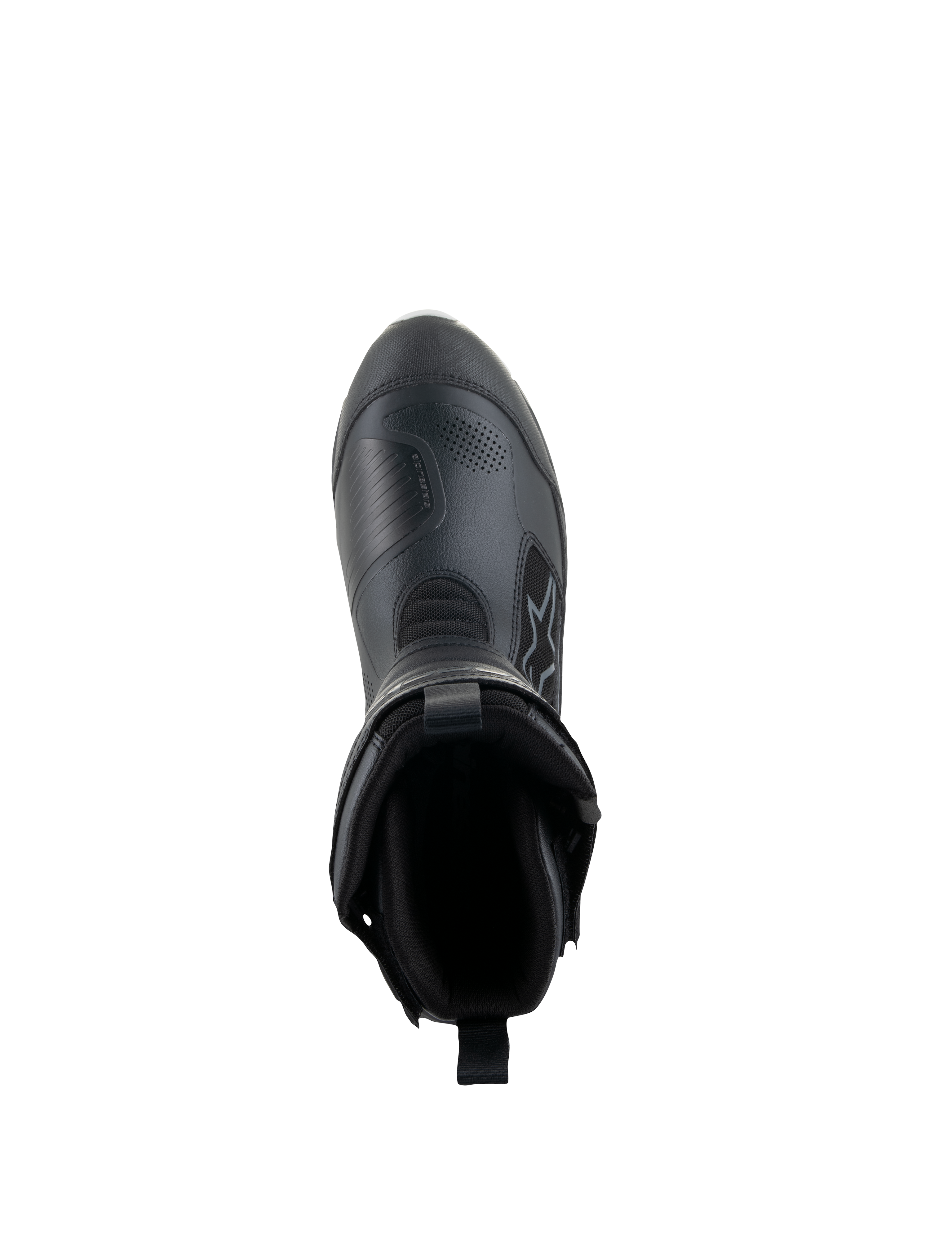 Stivali Alpinestars Donna Stella RT-7 Touring Drystar®, nero, vista dall'alto che mostra l'apertura dello stivale e la fodera interna, costruzione avanzata in microfibra e tessuto per il touring d'avventura.