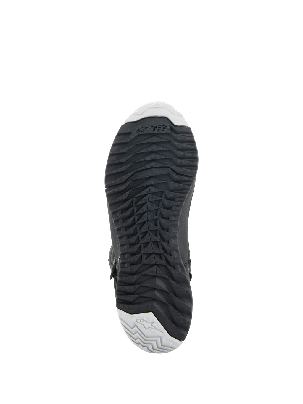 Stivali da moto Alpinestars Stella RT-7 Touring Drystar® da donna, nero, vista della suola in gomma resistente con disegno dei tasselli per il grip, branding TPF (Transversal Protection Frame) e dettagli grigio chiaro su punta e tallone.