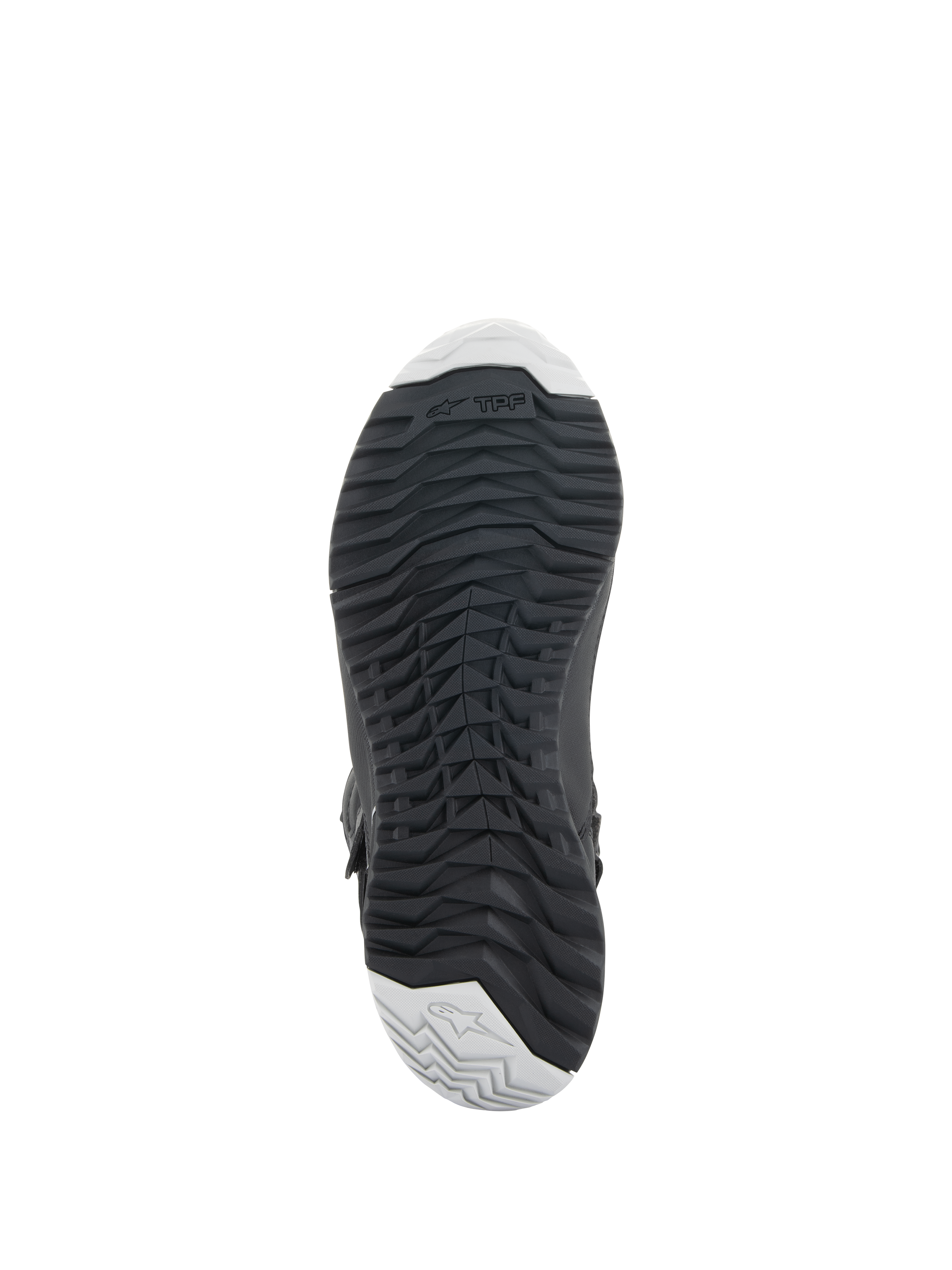 Stivali da moto Alpinestars Stella RT-7 Touring Drystar® da donna, nero, vista della suola in gomma resistente con disegno dei tasselli per il grip, branding TPF (Transversal Protection Frame) e dettagli grigio chiaro su punta e tallone.