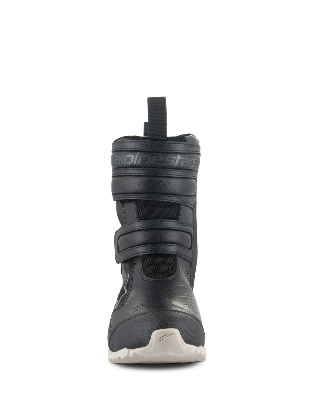 Stivali da donna Alpinestars Stella RT-7 Touring Drystar®, stivali da moto touring neri con suola bianca, vista frontale con doppia chiusura in velcro e logo Alpinestars a rilievo, design tecnico per guida adventure e su strada