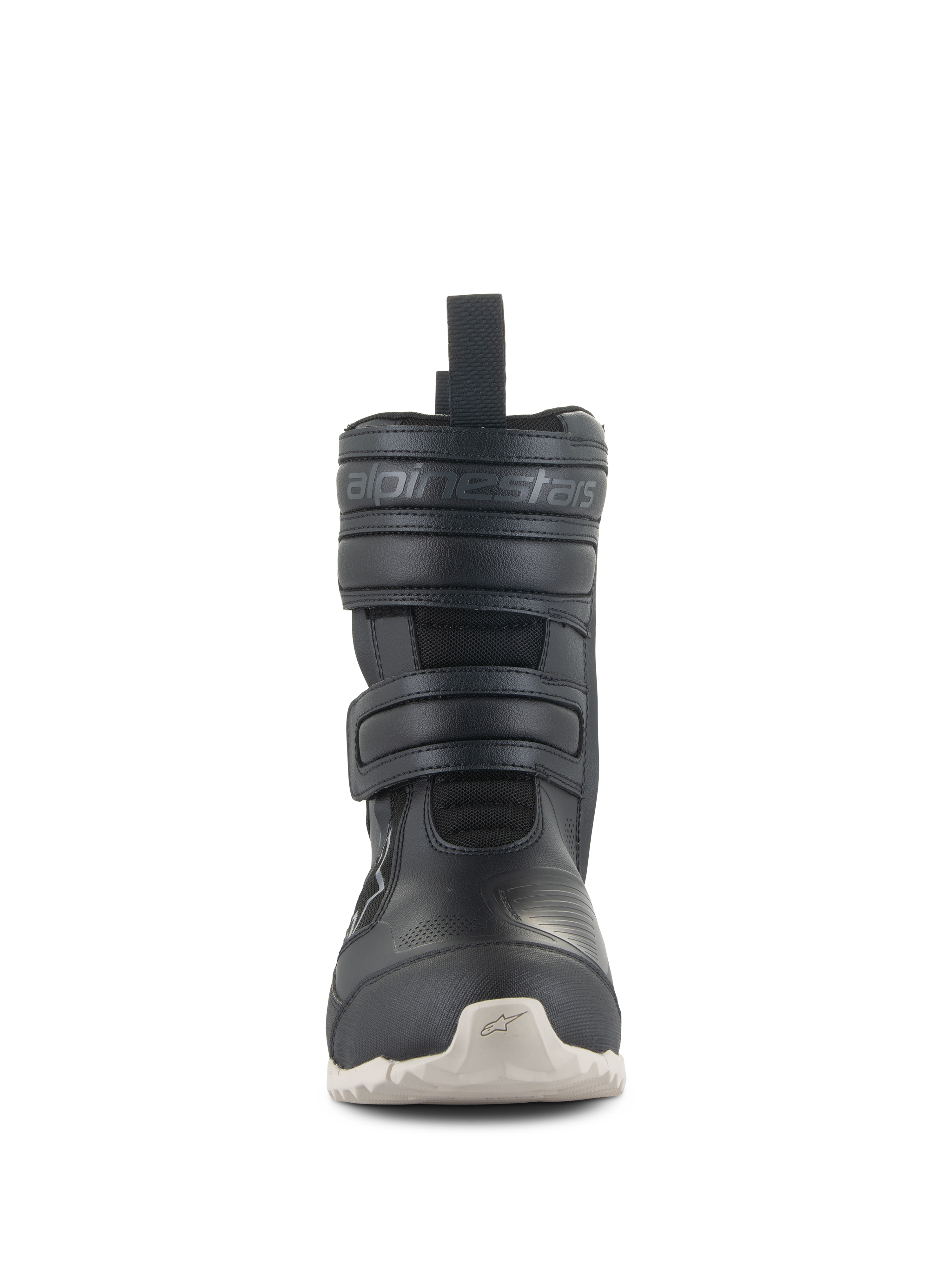 Stivali da donna Alpinestars Stella RT-7 Touring Drystar®, stivali da moto touring neri con suola bianca, vista frontale con doppia chiusura in velcro e logo Alpinestars a rilievo, design tecnico per guida adventure e su strada