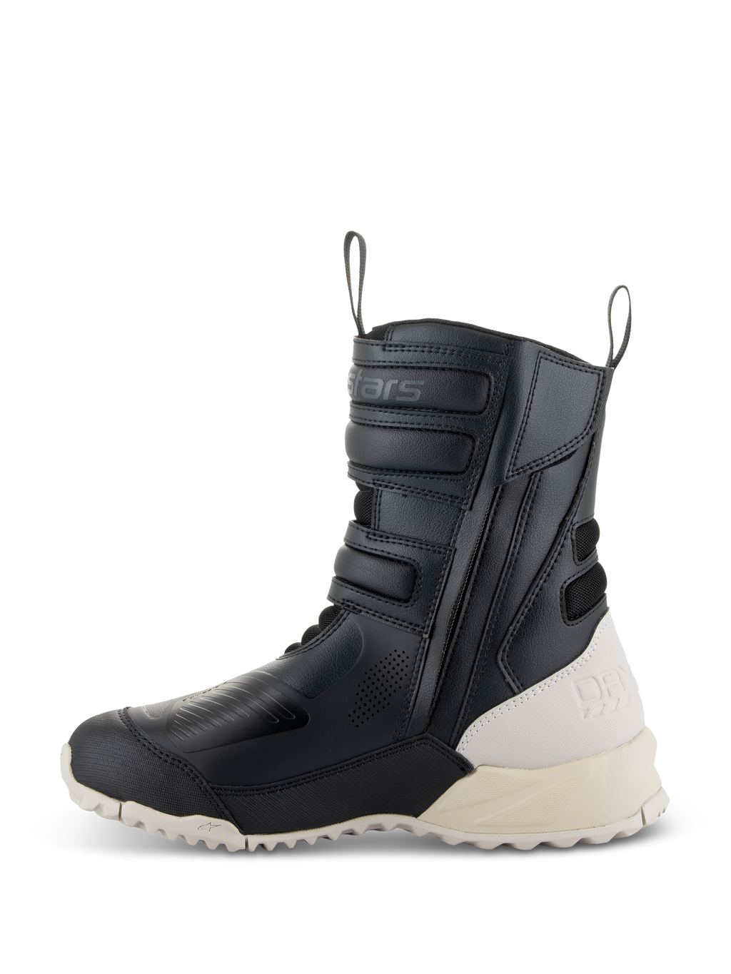 Stivali donna Alpinestars Stella RT-7 Touring Drystar®, nero e bianco, profilo laterale di uno stivale da moto touring alto in microfibra, cerniera laterale con cinturini regolabili, tallone e suola a contrasto bianco sporco
