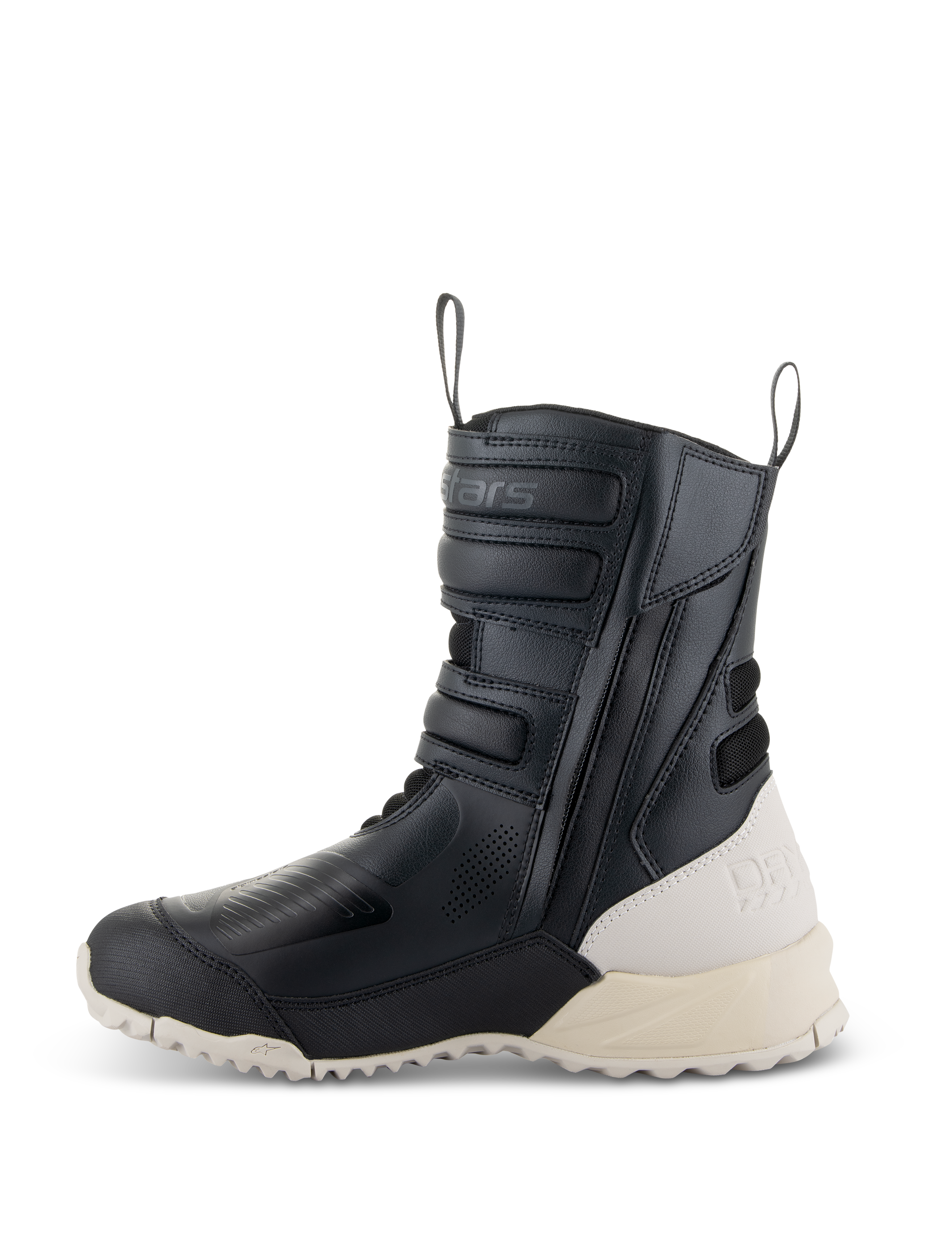 Stivali donna Alpinestars Stella RT-7 Touring Drystar®, nero e bianco, profilo laterale di uno stivale da moto touring alto in microfibra, cerniera laterale con cinturini regolabili, tallone e suola a contrasto bianco sporco