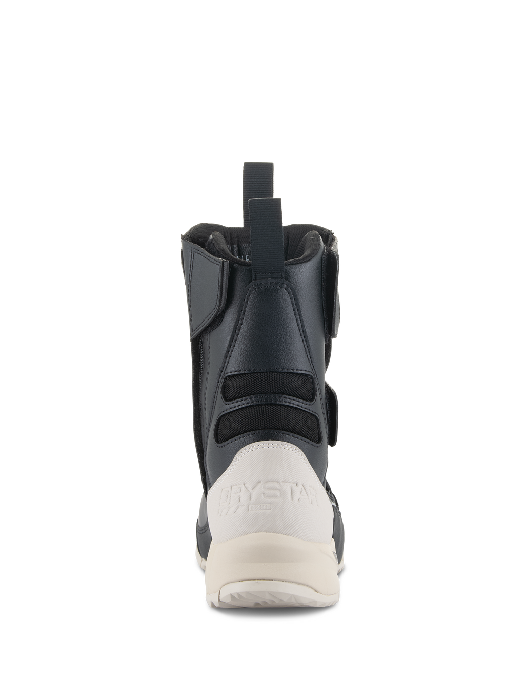 Alpinestars Stivali Donna Stella RT-7 Touring Drystar®, vista posteriore, nero e bianco, con rinforzo del tallone bianco e marchio Drystar, tiretto posteriore e pannelli a soffietto in tessuto per la flessibilità.