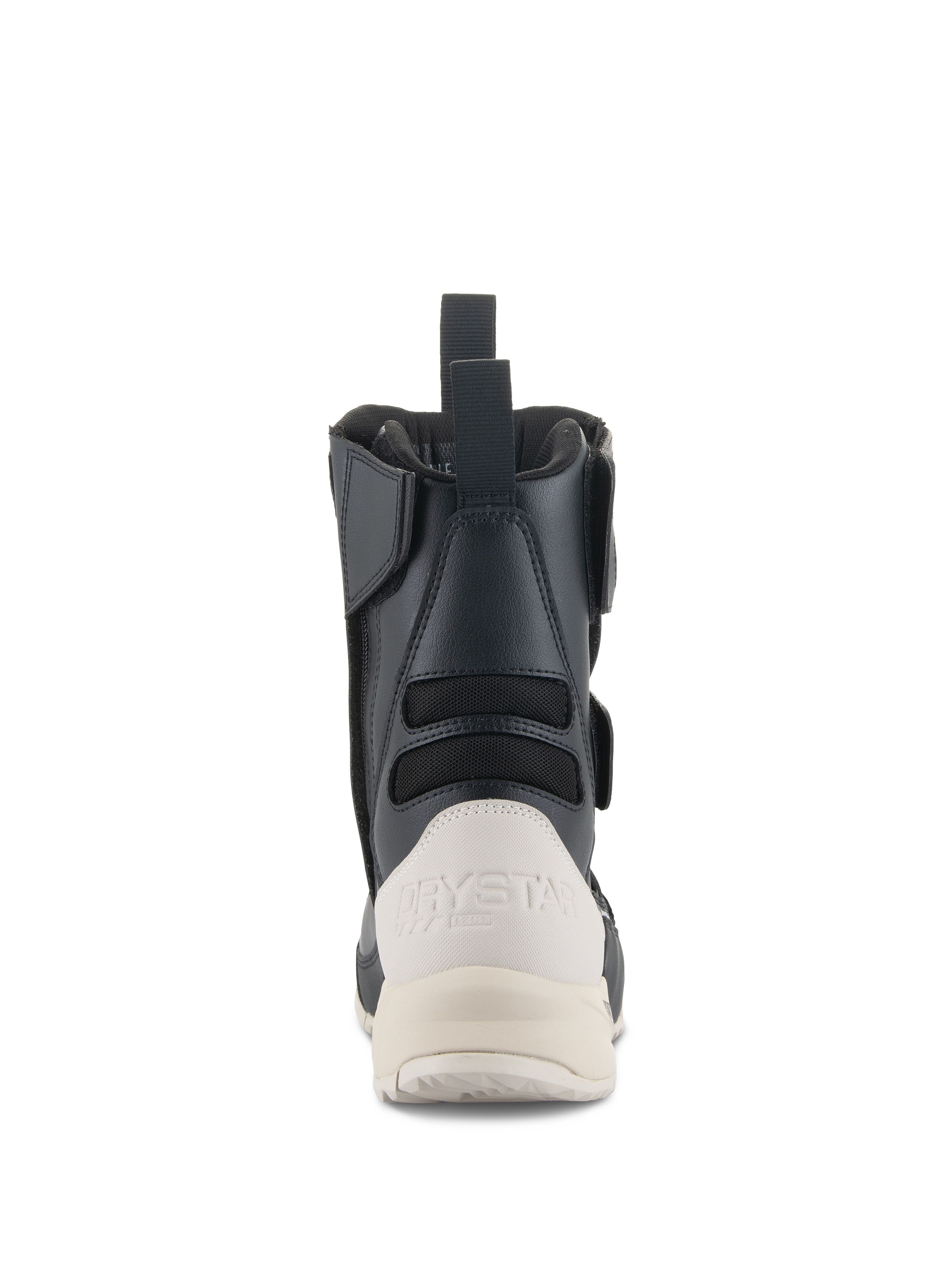 Alpinestars Stivali Donna Stella RT-7 Touring Drystar®, vista posteriore, nero e bianco, con rinforzo del tallone bianco e marchio Drystar, tiretto posteriore e pannelli a soffietto in tessuto per la flessibilità.