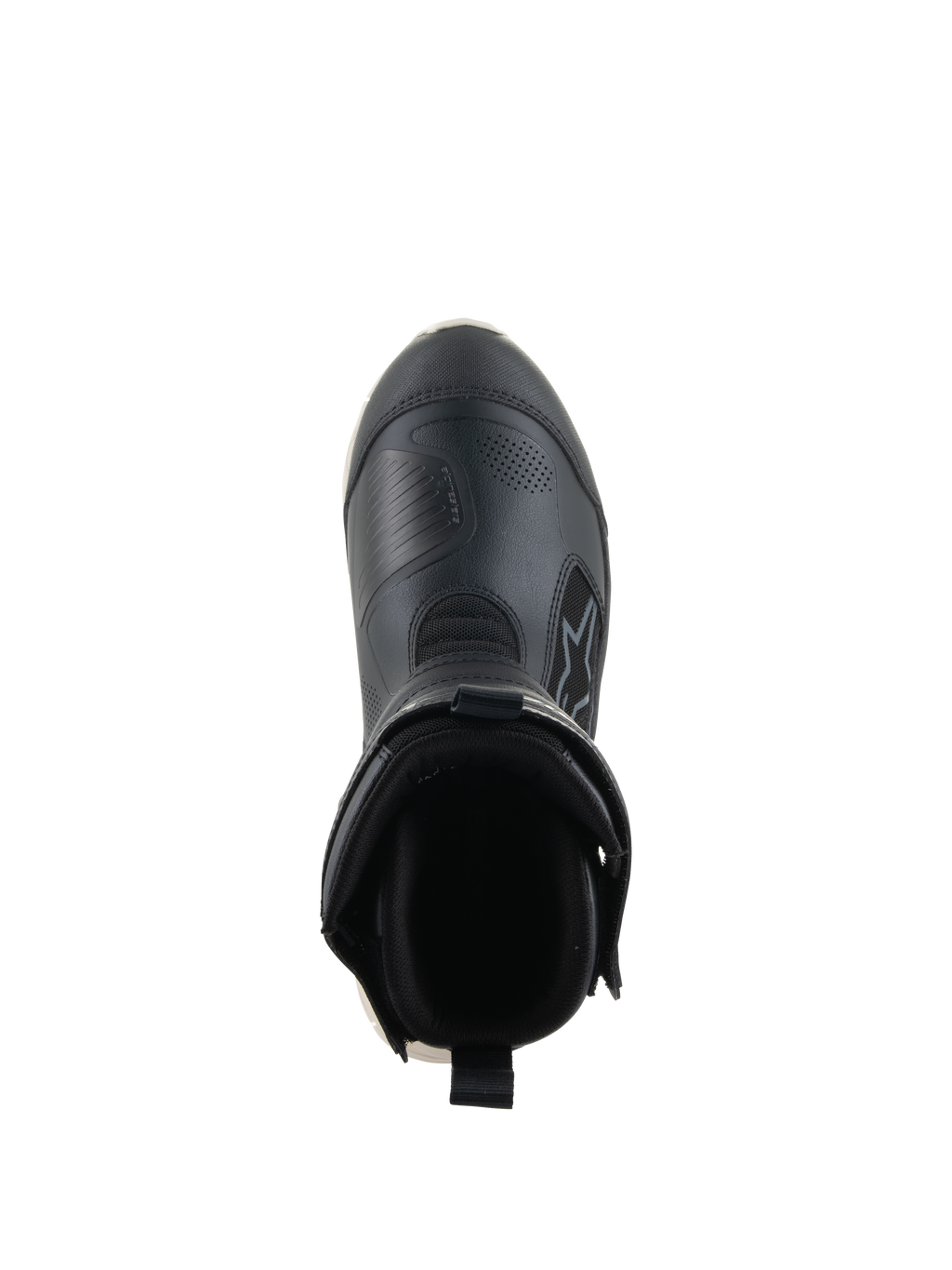Alpinestars Stivali Stella RT-7 Touring Drystar®, stivali da moto da turismo per donna, nero e bianco, vista dall'alto dell'apertura dello stivale, con collo imbottito, tiretto posteriore e tomaia in microfibra resistente con logo Alpinestars.