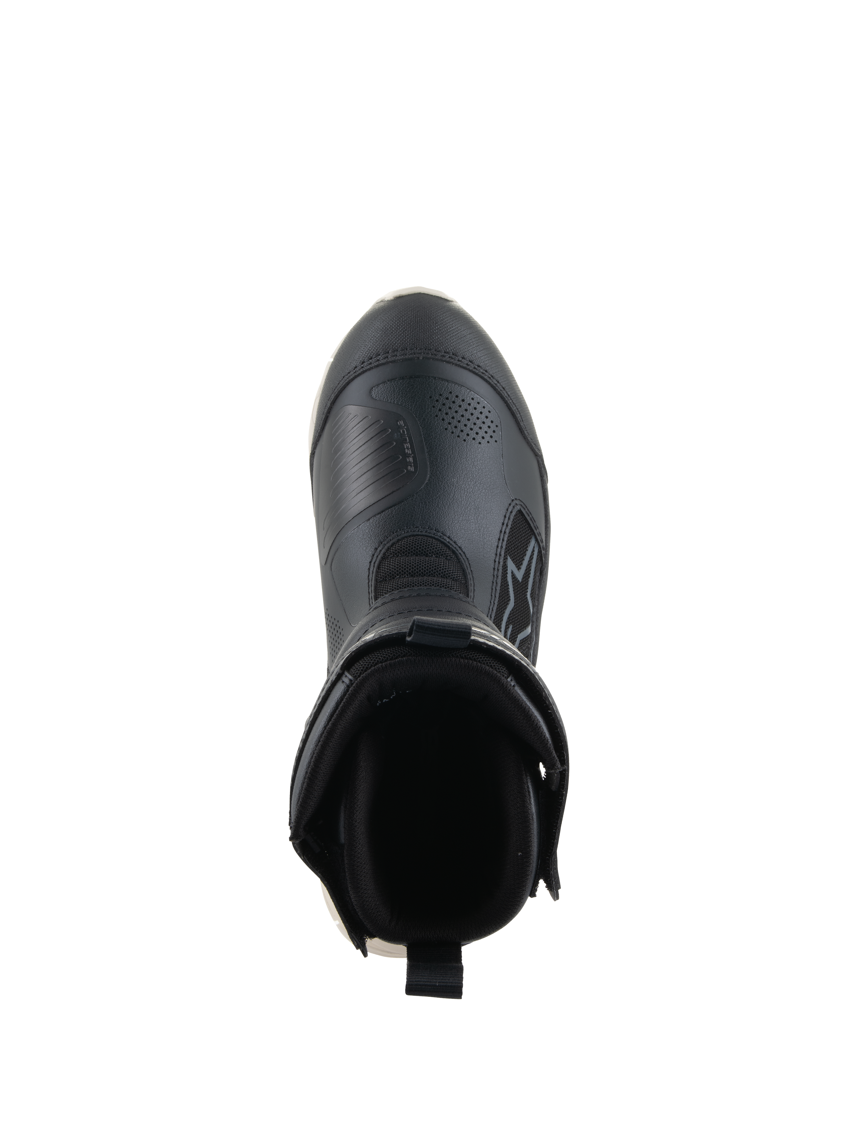 Alpinestars Stivali Stella RT-7 Touring Drystar®, stivali da moto da turismo per donna, nero e bianco, vista dall'alto dell'apertura dello stivale, con collo imbottito, tiretto posteriore e tomaia in microfibra resistente con logo Alpinestars.