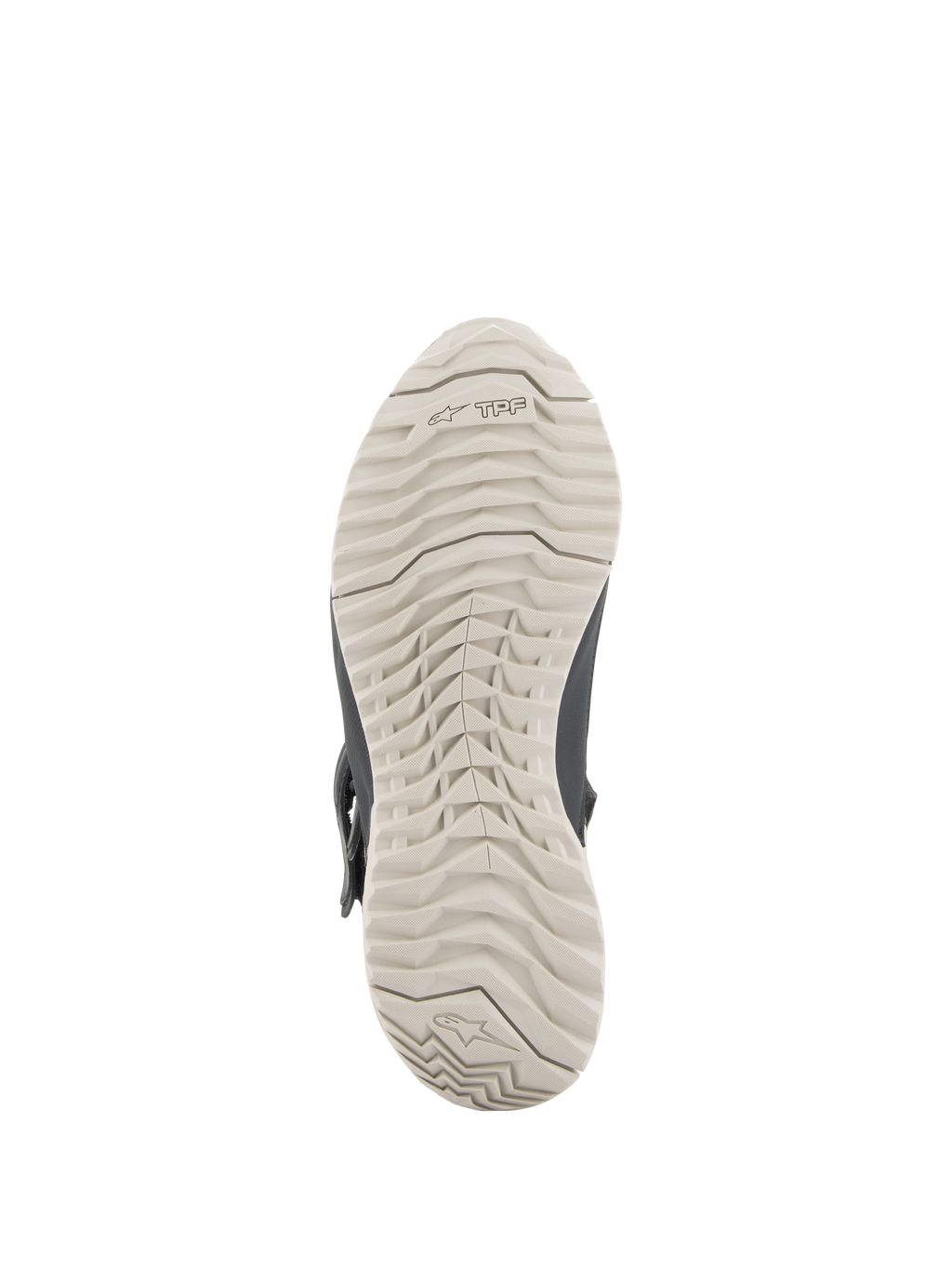 Stivali da donna Alpinestars Stella RT-7 Touring Drystar®, vista della suola, suola in gomma grigio chiaro con disegno dei tasselli resistente e logo TPF, progettati per trazione e supporto del telaio di protezione trasversale