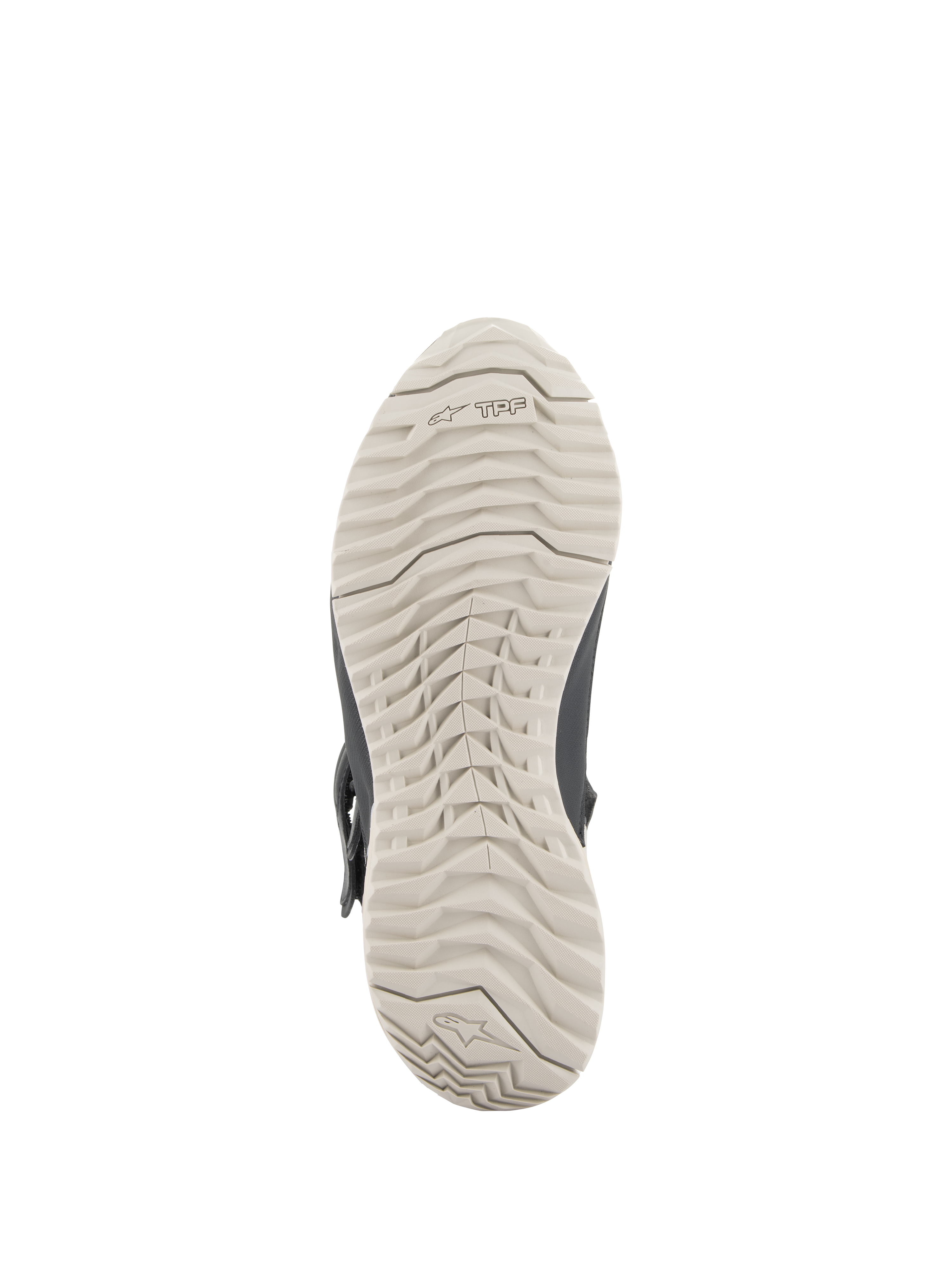 Stivali da donna Alpinestars Stella RT-7 Touring Drystar®, vista della suola, suola in gomma grigio chiaro con disegno dei tasselli resistente e logo TPF, progettati per trazione e supporto del telaio di protezione trasversale
