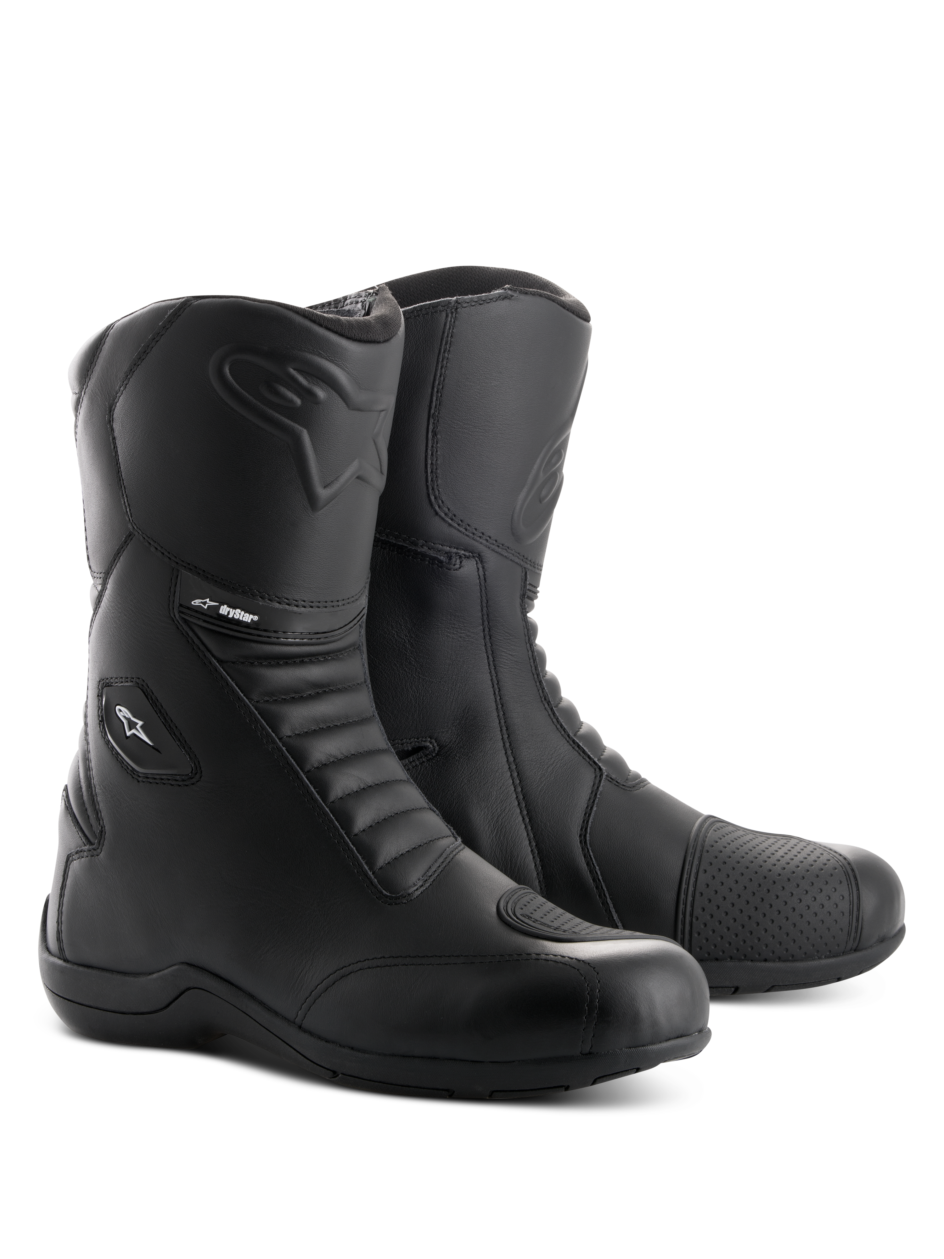 Alpinestars Andes V2 Drystar Boots, stivali da moto touring neri, costruzione in pelle impermeabile con pannelli a soffietto anteriori e posteriori, chiusura laterale con zip e patta, logo Alpinestars in rilievo e marchio Drystar, calzature resistenti per guida su strada e adventure.