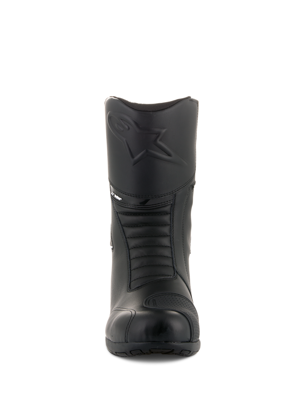 Stivali Alpinestars Andes V2 Drystar®, stivali da moto touring neri, vista frontale con logo Alpinestars in rilievo sullo stinco, zone a soffietto per il movimento, costruzione in pelle con zona cambio testurizzata