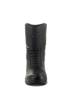 Stivali Alpinestars Andes V2 Drystar®, stivali da moto touring neri, vista frontale con logo Alpinestars in rilievo sullo stinco, zone a soffietto per il movimento, costruzione in pelle con zona cambio testurizzata