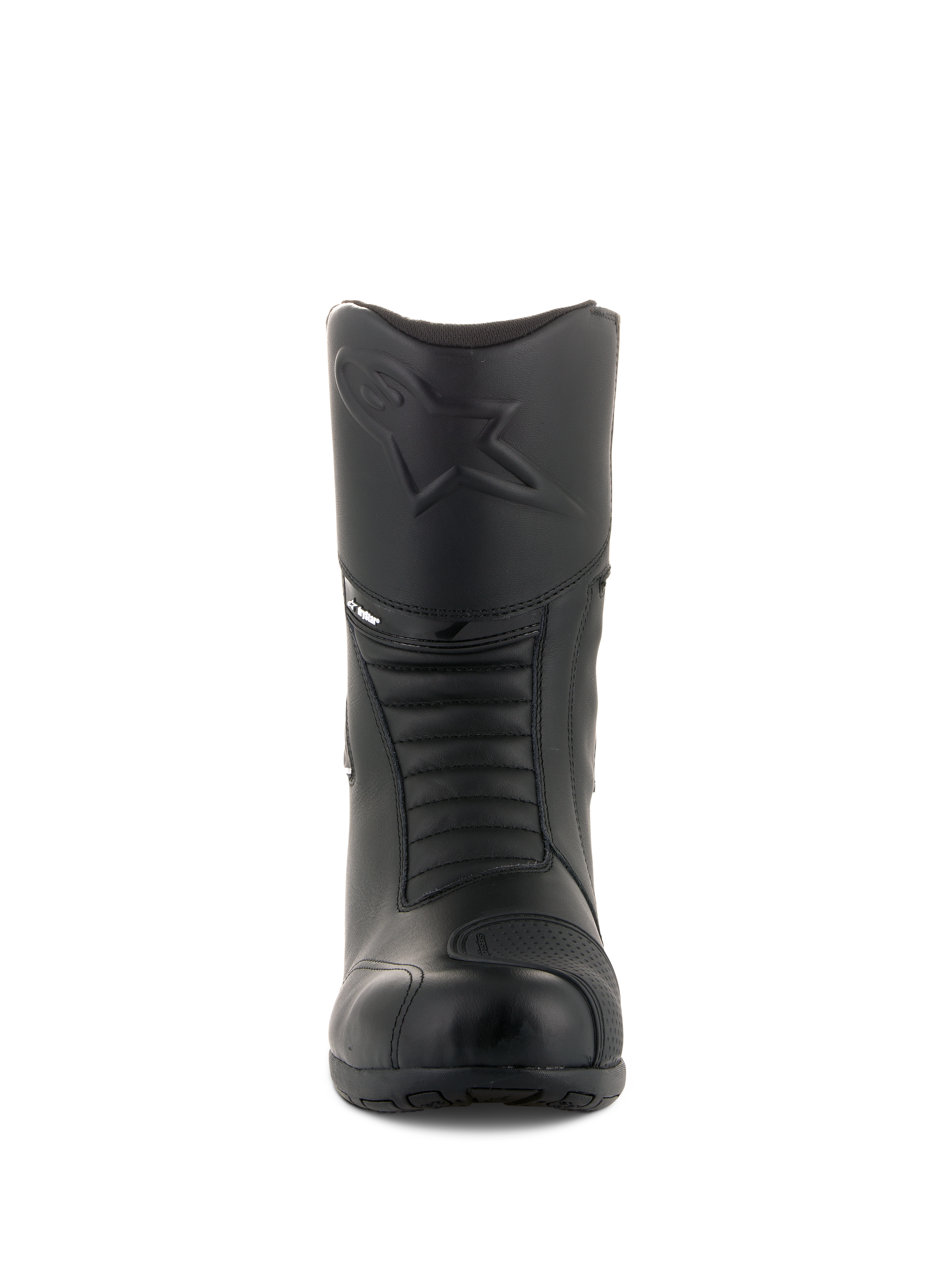 Stivali Alpinestars Andes V2 Drystar®, stivali da moto touring neri, vista frontale con logo Alpinestars in rilievo sullo stinco, zone a soffietto per il movimento, costruzione in pelle con zona cambio testurizzata