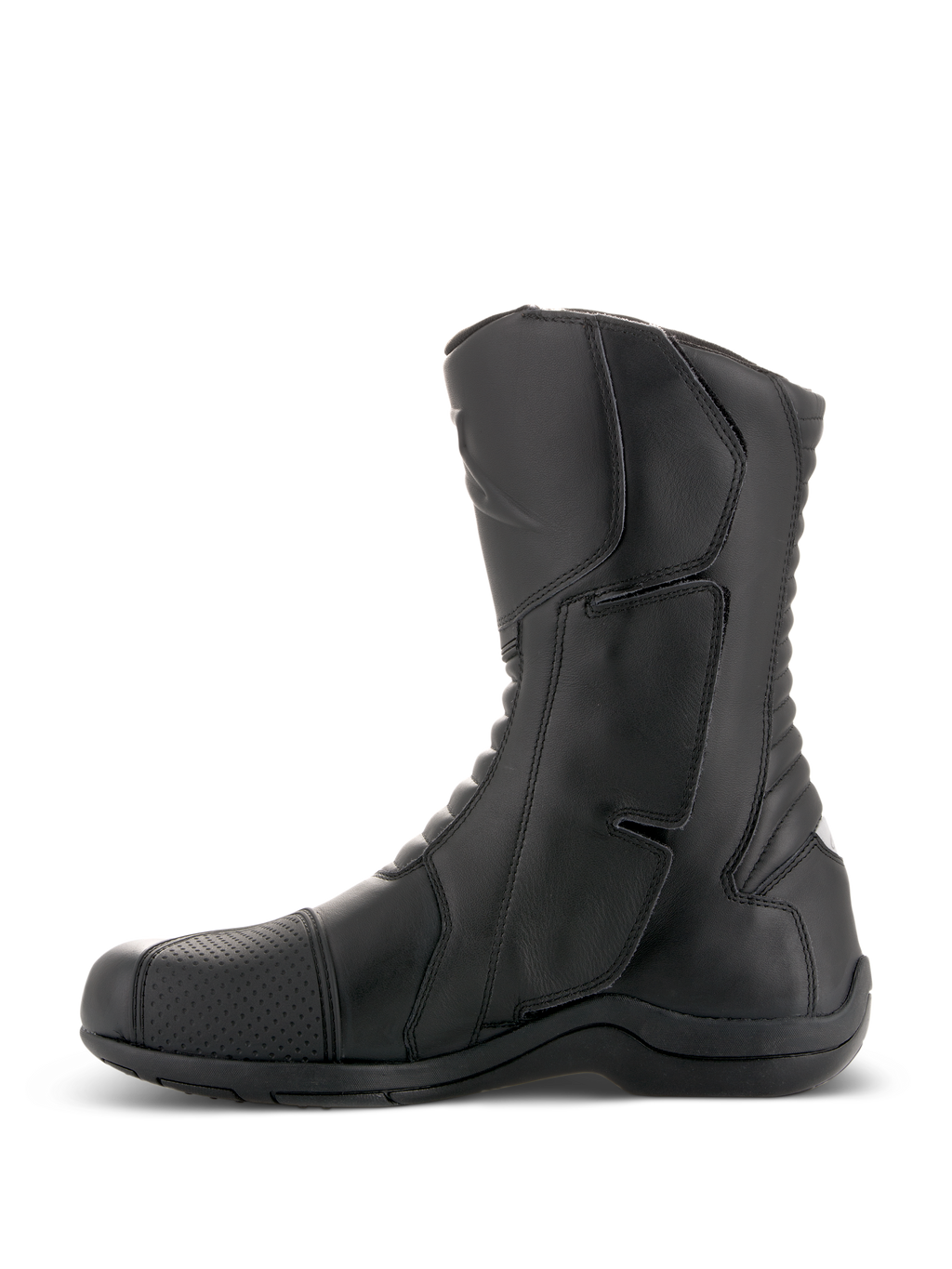 Stivali Alpinestars Andes V2 Drystar®, stivali da touring per moto neri, vista laterale di profilo, costruzione in pelle impermeabile con parastinchi rinforzato e pannelli flessibili a fisarmonica, calzature per adventure riding