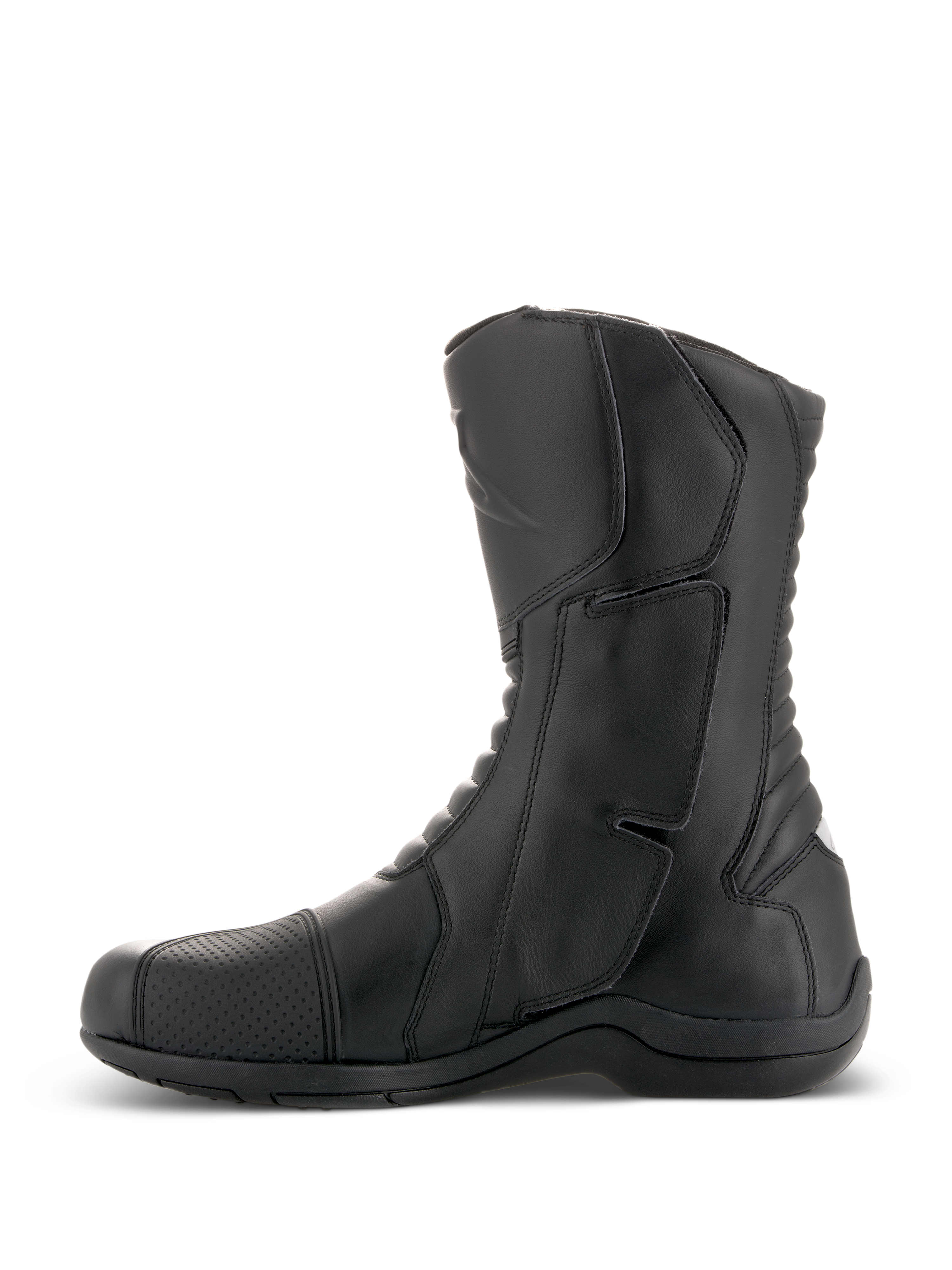 Stivali Alpinestars Andes V2 Drystar®, stivali da touring per moto neri, vista laterale di profilo, costruzione in pelle impermeabile con parastinchi rinforzato e pannelli flessibili a fisarmonica, calzature per adventure riding