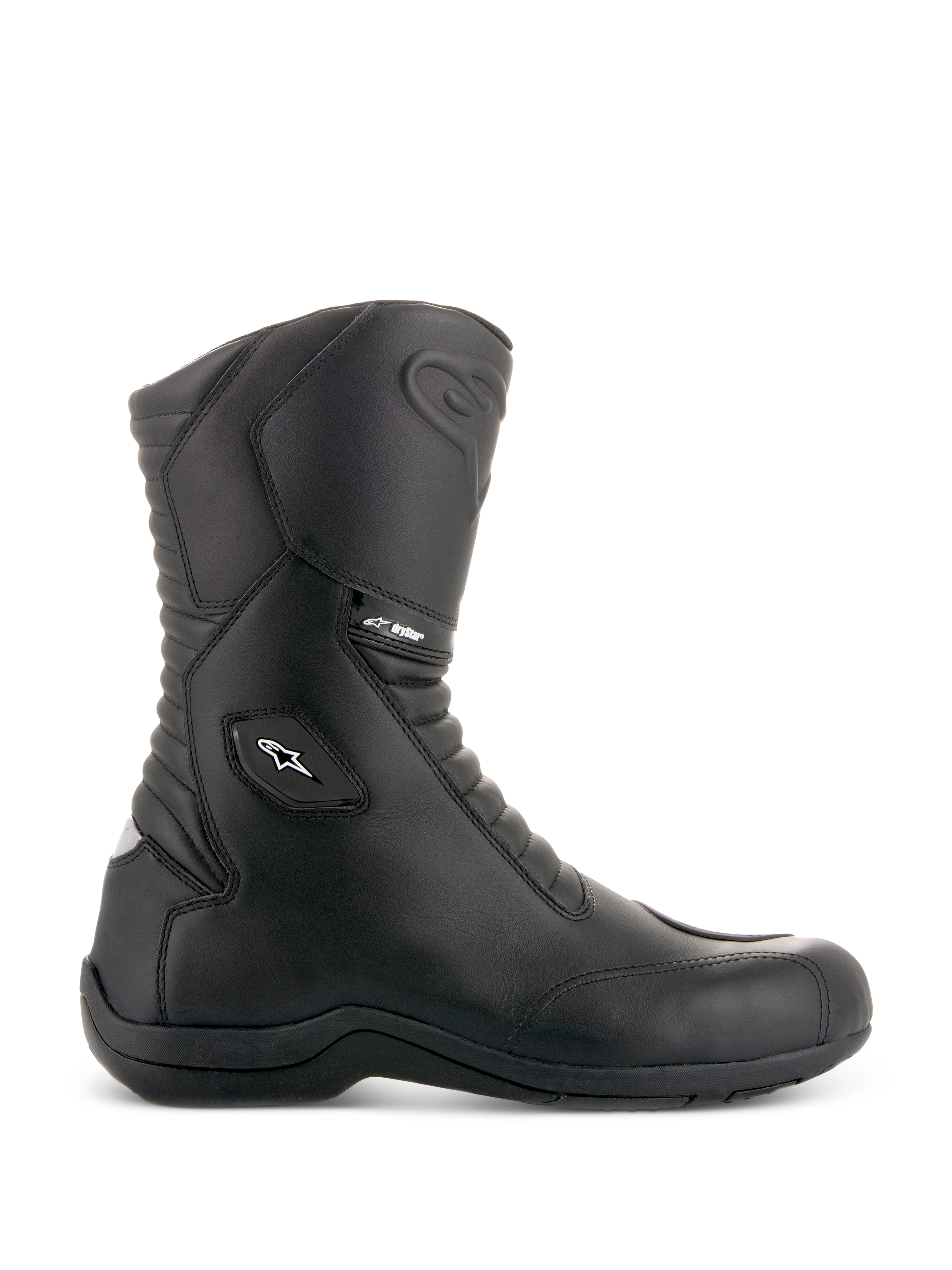 Stivali Alpinestars Andes V2 Drystar, stivali da moto touring neri, design a gambale alto, costruzione in pelle impermeabile, pannelli a soffietto anteriori e posteriori, logo a stella bianco e marchio Drystar, suola nera robusta, caviglia e punta rinforzate e protettive
