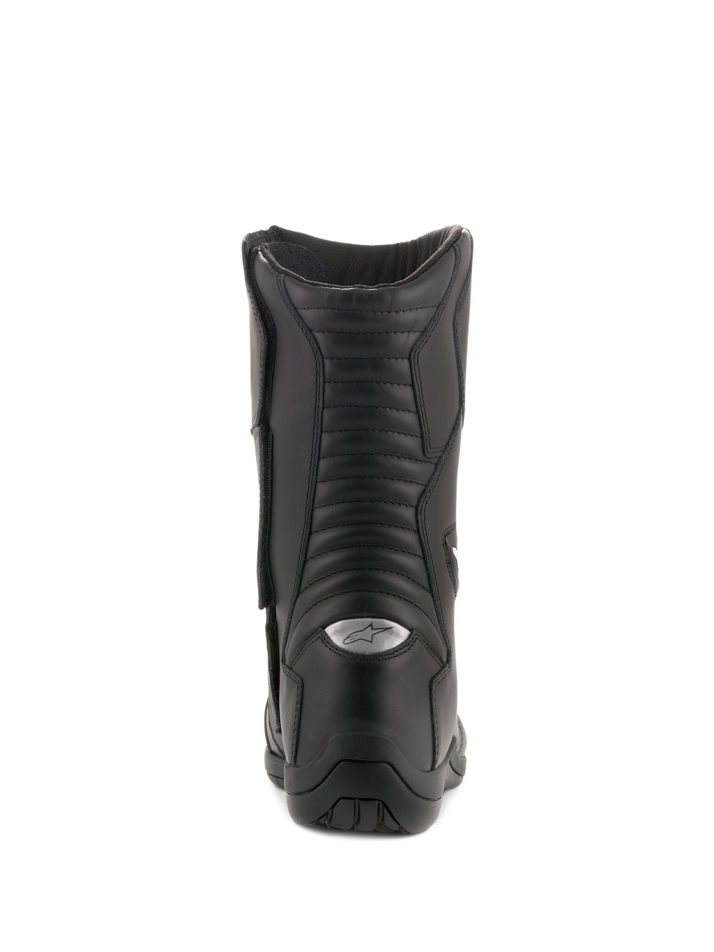 Stivali Alpinestars Andes V2 Drystar, stivali da touring impermeabili, nero, vista posteriore che mette in evidenza i pannelli a soffietto in pelle e il logo A-star riflettente argentato sul tallone, calzature da moto resistenti per adventure riding