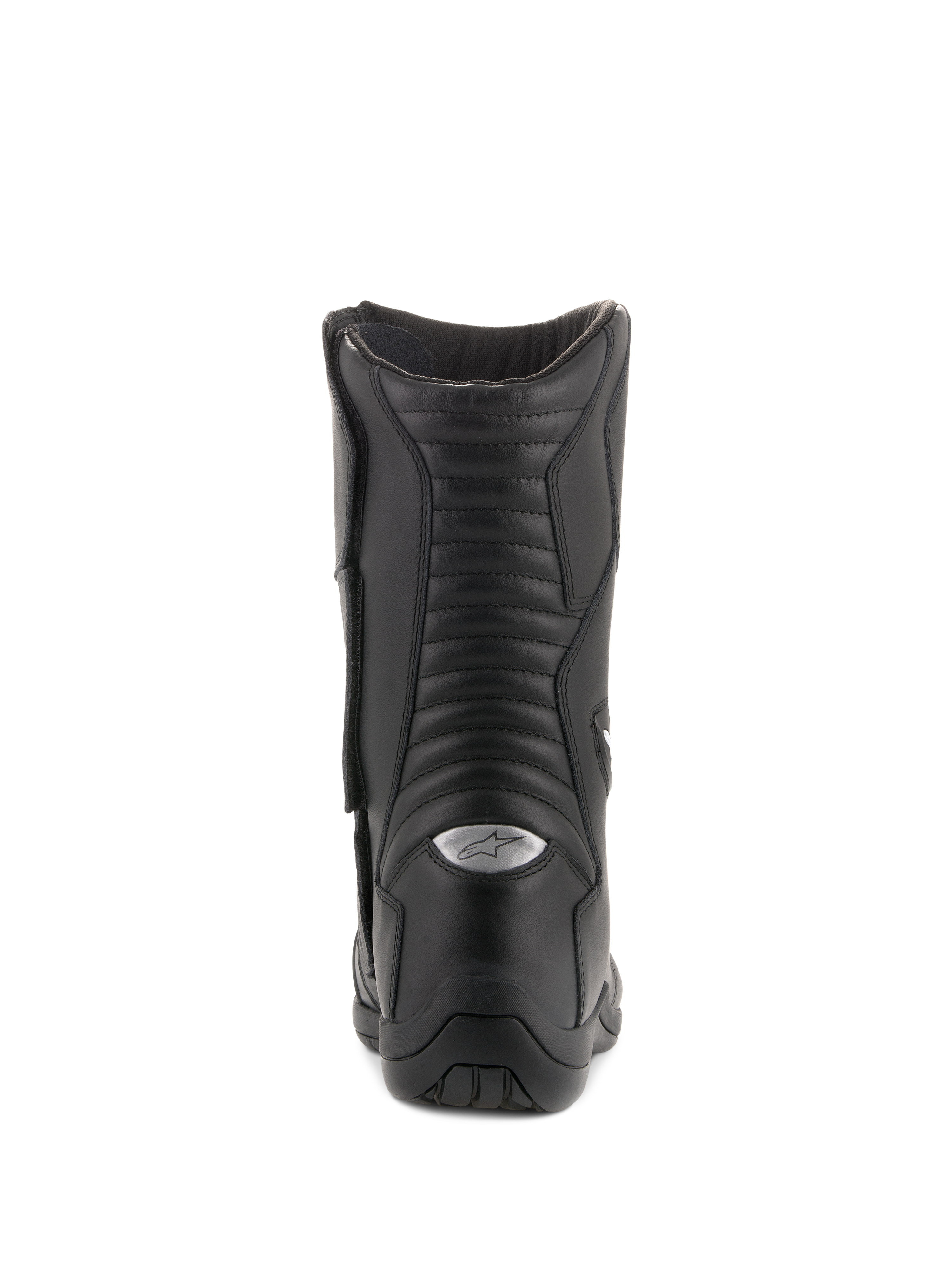 Stivali Alpinestars Andes V2 Drystar, stivali da touring impermeabili, nero, vista posteriore che mette in evidenza i pannelli a soffietto in pelle e il logo A-star riflettente argentato sul tallone, calzature da moto resistenti per adventure riding