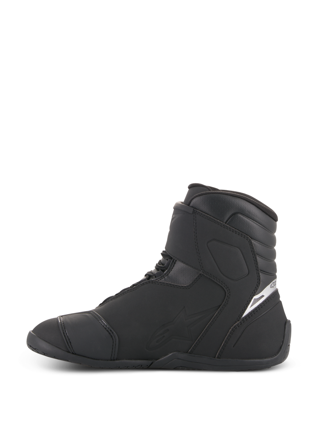 Alpinestars Fastback 2 Drystar® Scarpe Impermeabili, scarpe da moto, nero e bianco, vista laterale, costruzione in pelle nera e microfibra con gambale alto, dettaglio logo bianco sul tallone, calzatura impermeabile dal design affusolato per la guida su strada