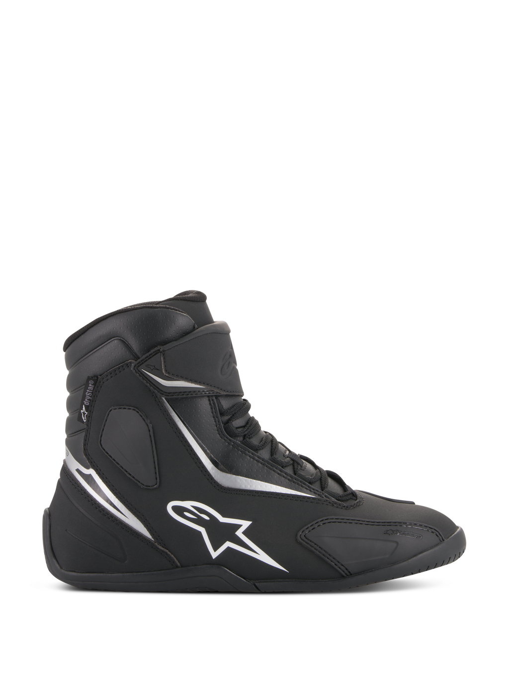 Alpinestars Fastback 2 Drystar Waterproof Shoes, sneaker da moto alte in nero e bianco, profilo laterale con logo a stella bianco e dettagli argentati, chiusura con lacci e cinturino a strappo, calzature impermeabili per guida urbana