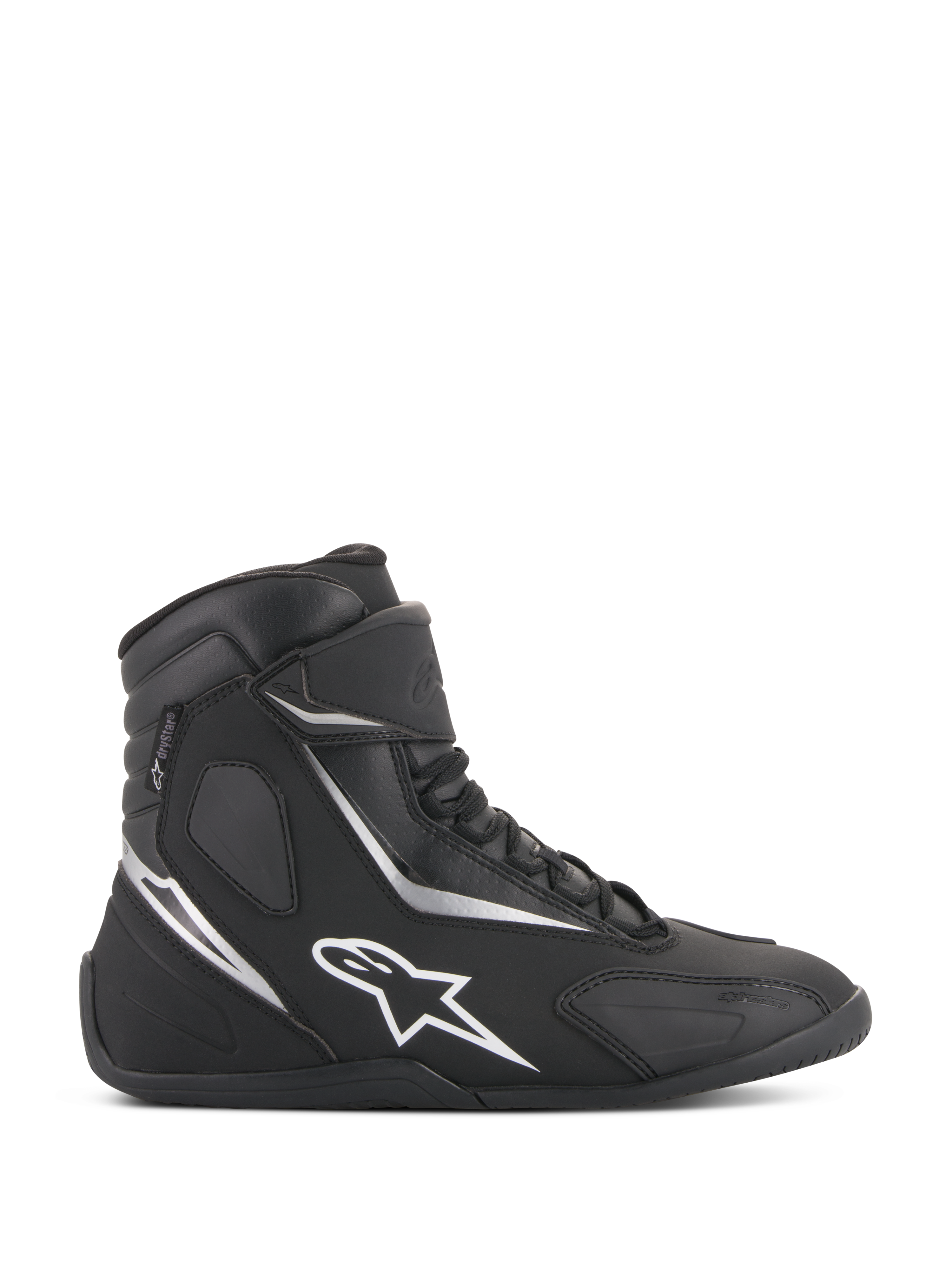 Alpinestars Fastback 2 Drystar Waterproof Shoes, sneaker da moto alte in nero e bianco, profilo laterale con logo a stella bianco e dettagli argentati, chiusura con lacci e cinturino a strappo, calzature impermeabili per guida urbana