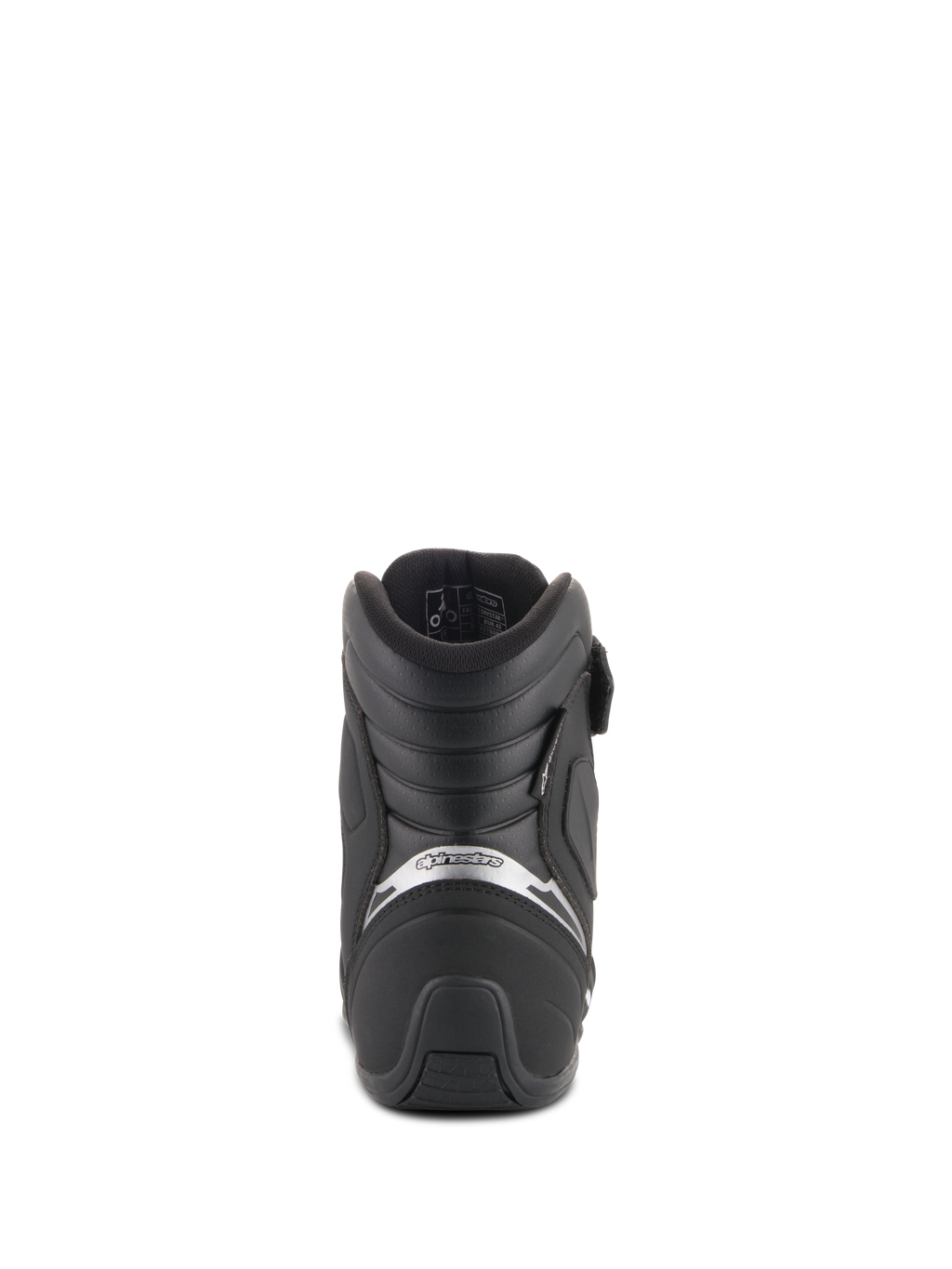 Alpinestars Fastback 2 Drystar® Waterproof Shoes, nero e bianco, vista posteriore della scarpa da moto con supporto imbottito per il tallone, logo argento e suola in gomma testurizzata