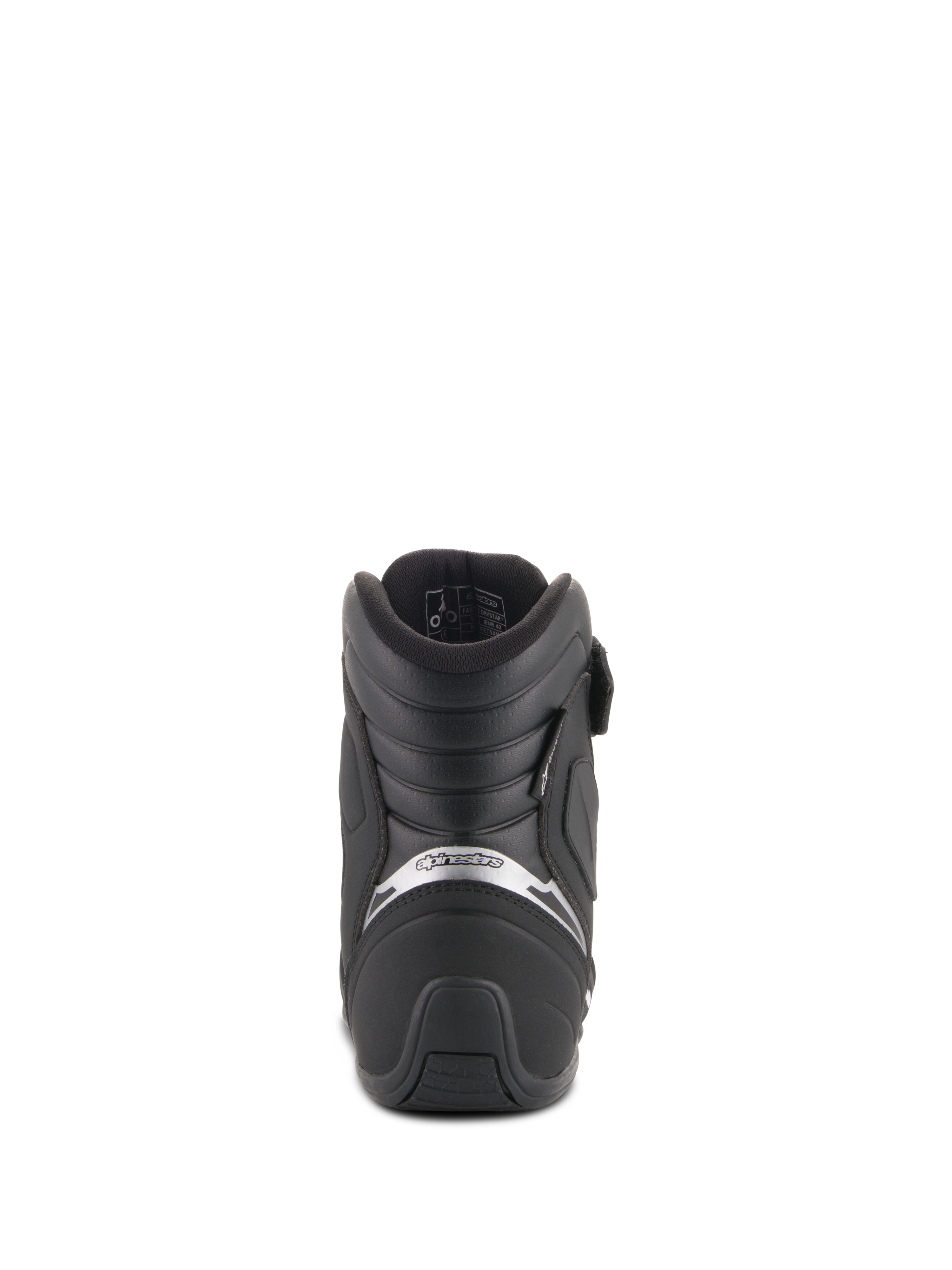 Alpinestars Fastback 2 Drystar® Waterproof Shoes, nero e bianco, vista posteriore della scarpa da moto con supporto imbottito per il tallone, logo argento e suola in gomma testurizzata