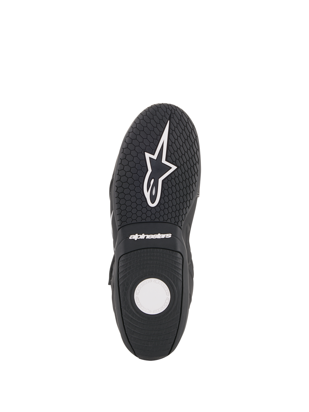 Alpinestars Fastback 2 Drystar® Waterproof Shoes, scarpe da moto, nero e bianco, vista della suola con battistrada in gomma testurizzata, motivo ad aderenza esagonale e logo Alpinestars bianco