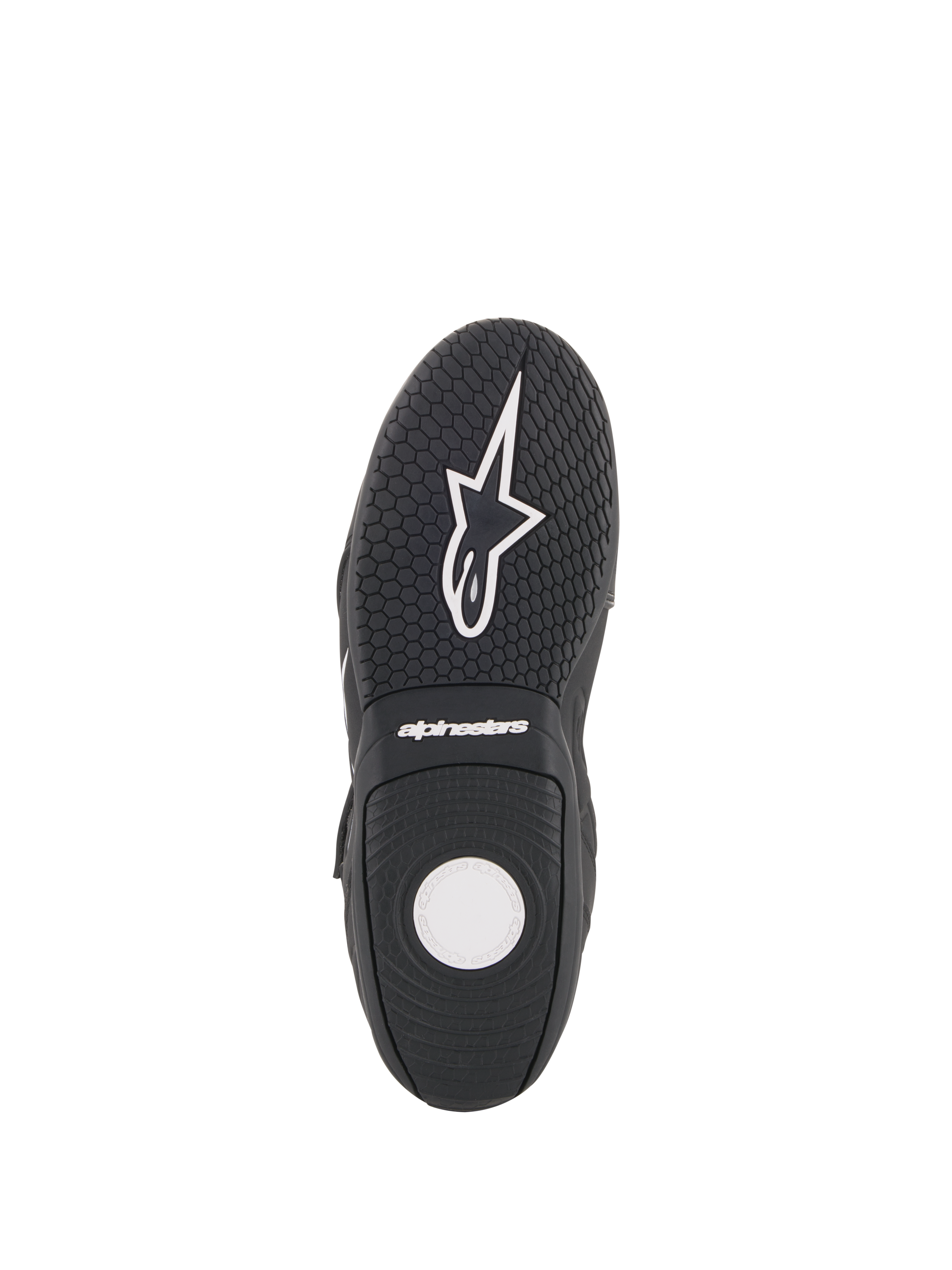 Alpinestars Fastback 2 Drystar® Waterproof Shoes, scarpe da moto, nero e bianco, vista della suola con battistrada in gomma testurizzata, motivo ad aderenza esagonale e logo Alpinestars bianco
