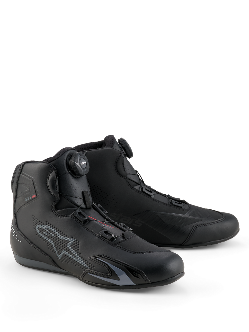 Alpinestars Celer Shoes, scarpe da moto, nero e grigio scuro, con sistema di chiusura Rotor integrato per una calzata di precisione, costruzione in microfibra tecnica con logo a stella traforato, design sportivo a basso profilo per la guida racing e su strada