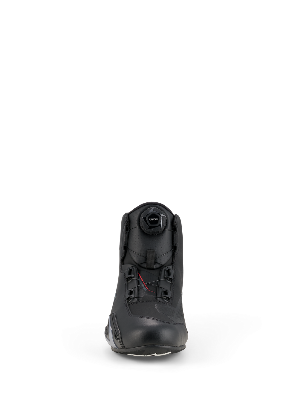 Alpinestars Celer Shoes, scarpe da moto, nero, vista frontale con sistema di chiusura a rotore integrato, costruzione in microfibra tecnica con profilo snello e zona della punta rinforzata.