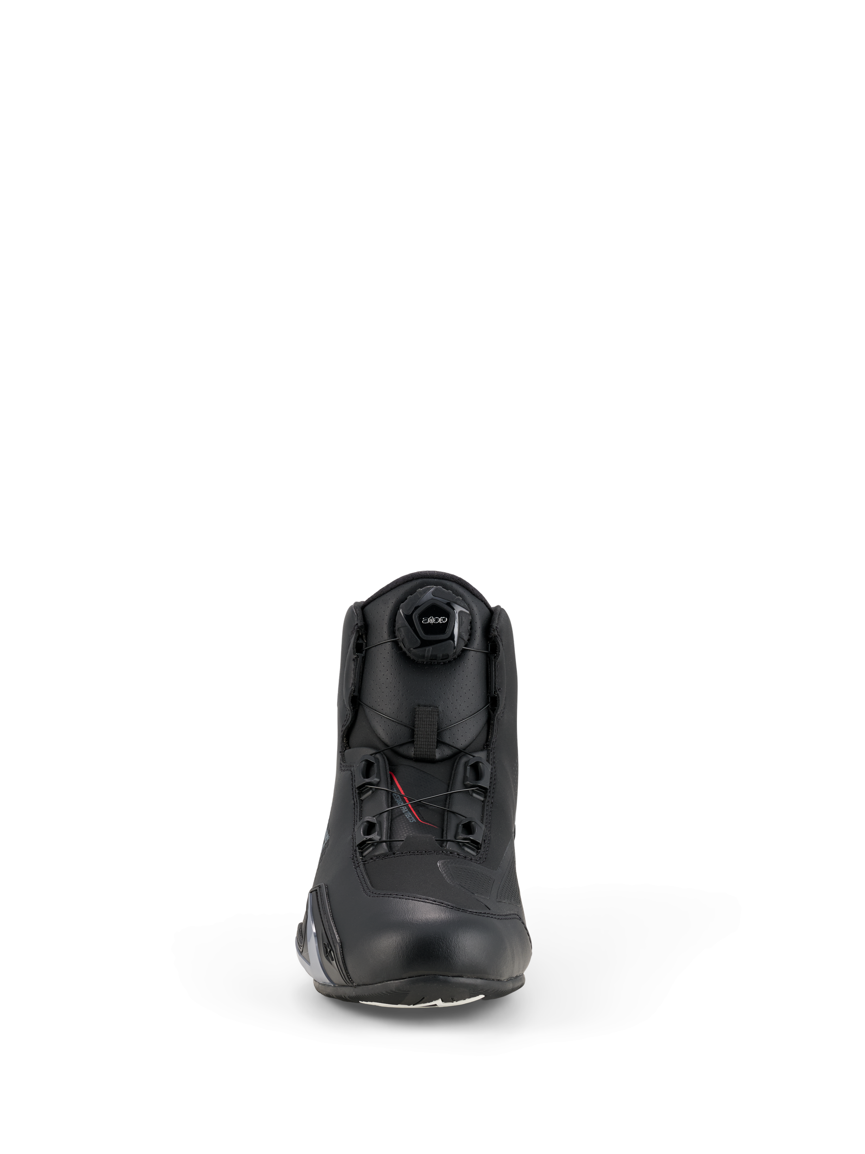 Alpinestars Celer Shoes, scarpe da moto, nero, vista frontale con sistema di chiusura a rotore integrato, costruzione in microfibra tecnica con profilo snello e zona della punta rinforzata.