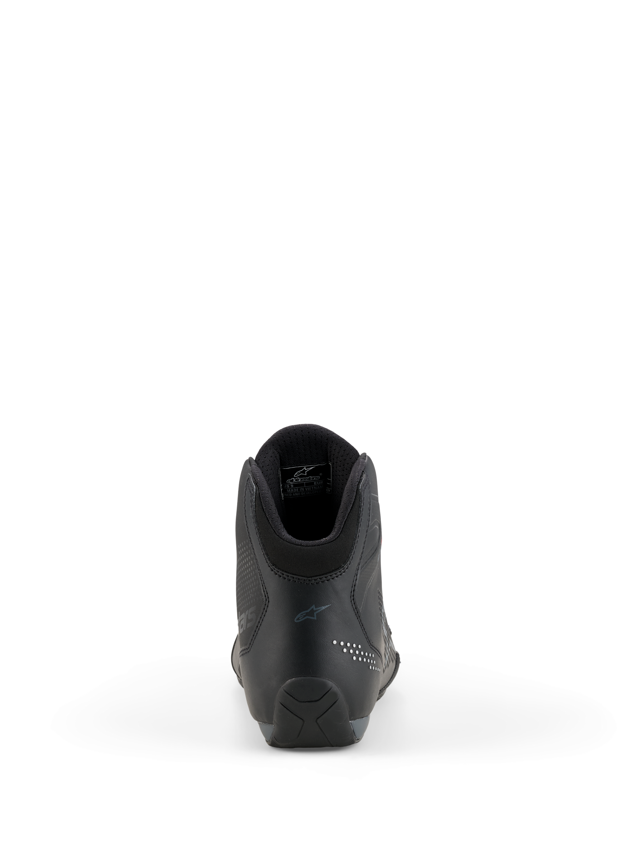 Scarpe Alpinestars Celer, scarpe da moto, nero e grigio scuro, vista posteriore che evidenzia il tallone rinforzato, il collarino della caviglia e il branding discreto, costruzione in microfibra tecnica per piloti sportivi e da corsa