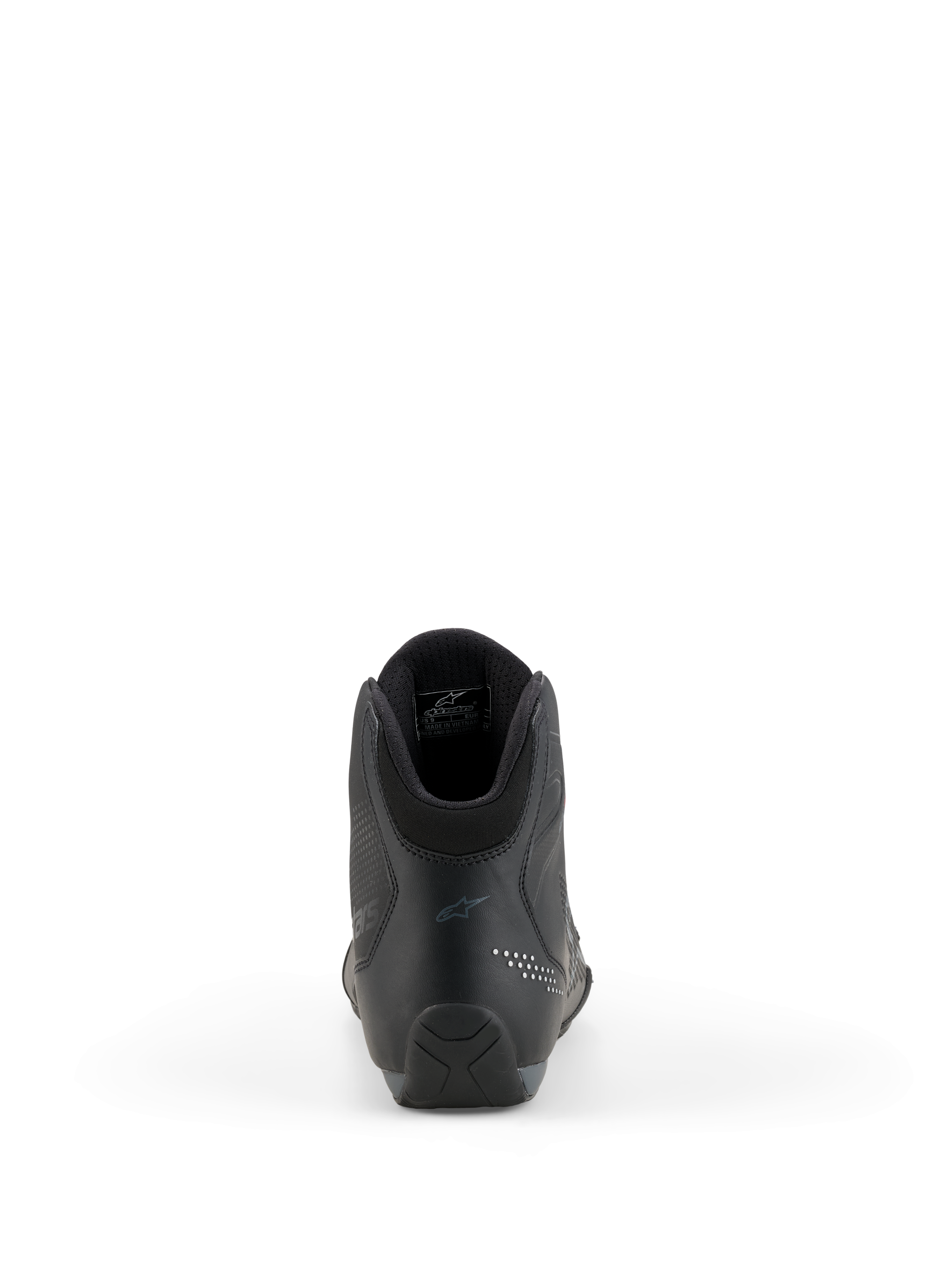 Scarpe Alpinestars Celer, scarpe da moto, nero e grigio scuro, vista posteriore che evidenzia il tallone rinforzato, il collarino della caviglia e il branding discreto, costruzione in microfibra tecnica per piloti sportivi e da corsa