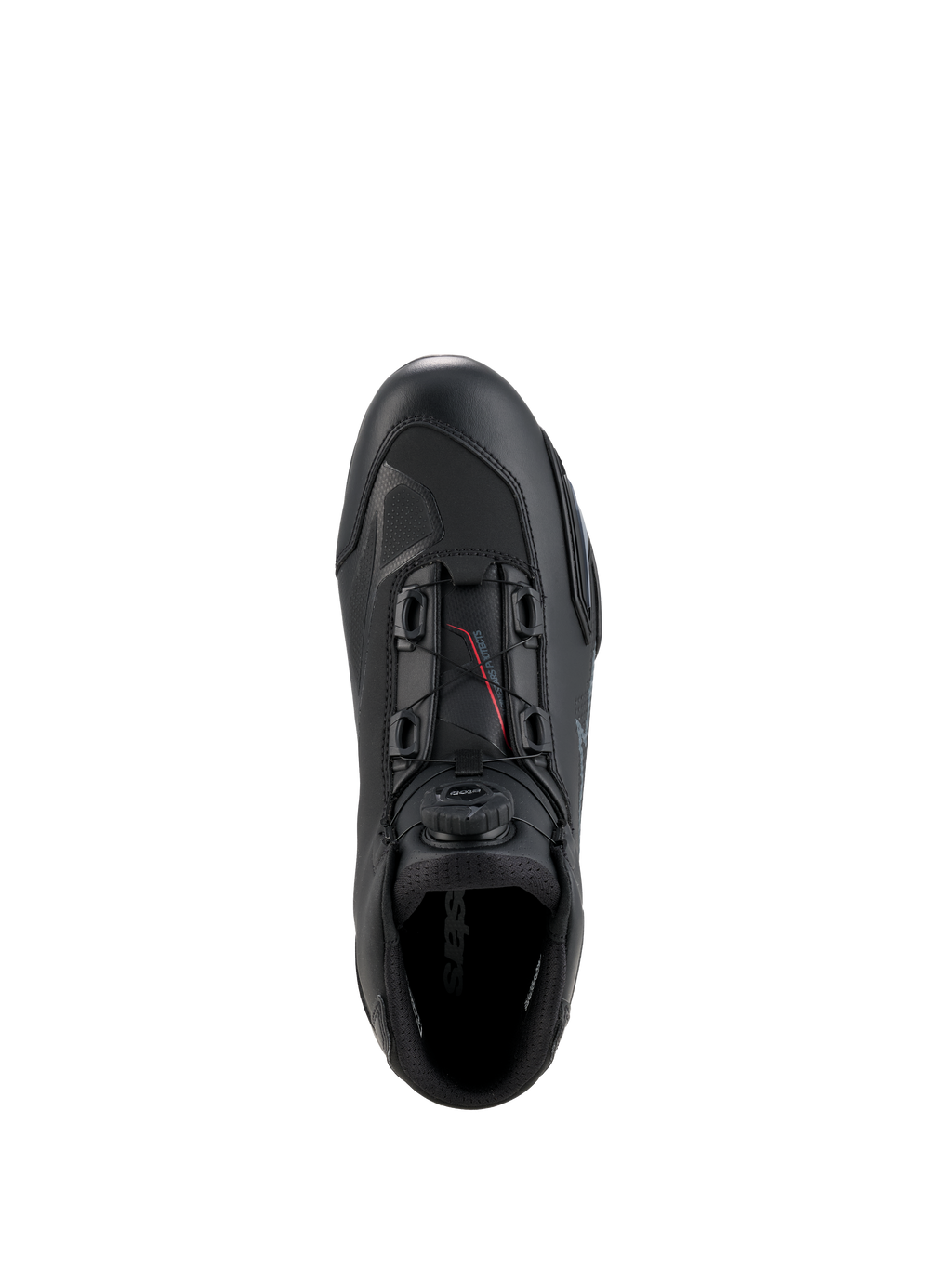 Alpinestars Scarpe Celer, scarpe da moto, nero e grigio scuro, vista dall'alto che mostra la rotella e i cavi del sistema di chiusura Rotor, costruzione in microfibra tecnica con profilo racing snello, calzature sportive protettive