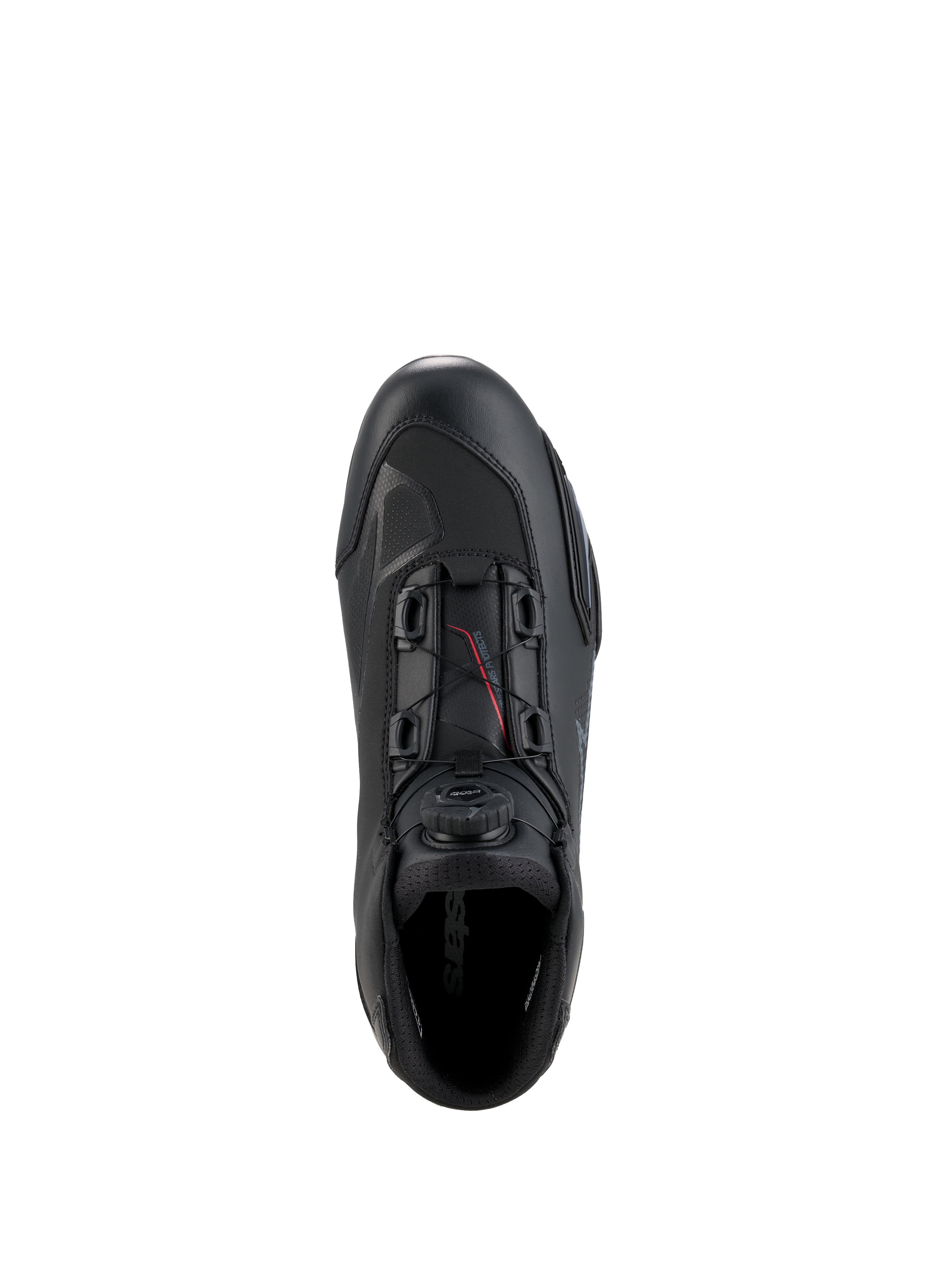 Alpinestars Scarpe Celer, scarpe da moto, nero e grigio scuro, vista dall'alto che mostra la rotella e i cavi del sistema di chiusura Rotor, costruzione in microfibra tecnica con profilo racing snello, calzature sportive protettive