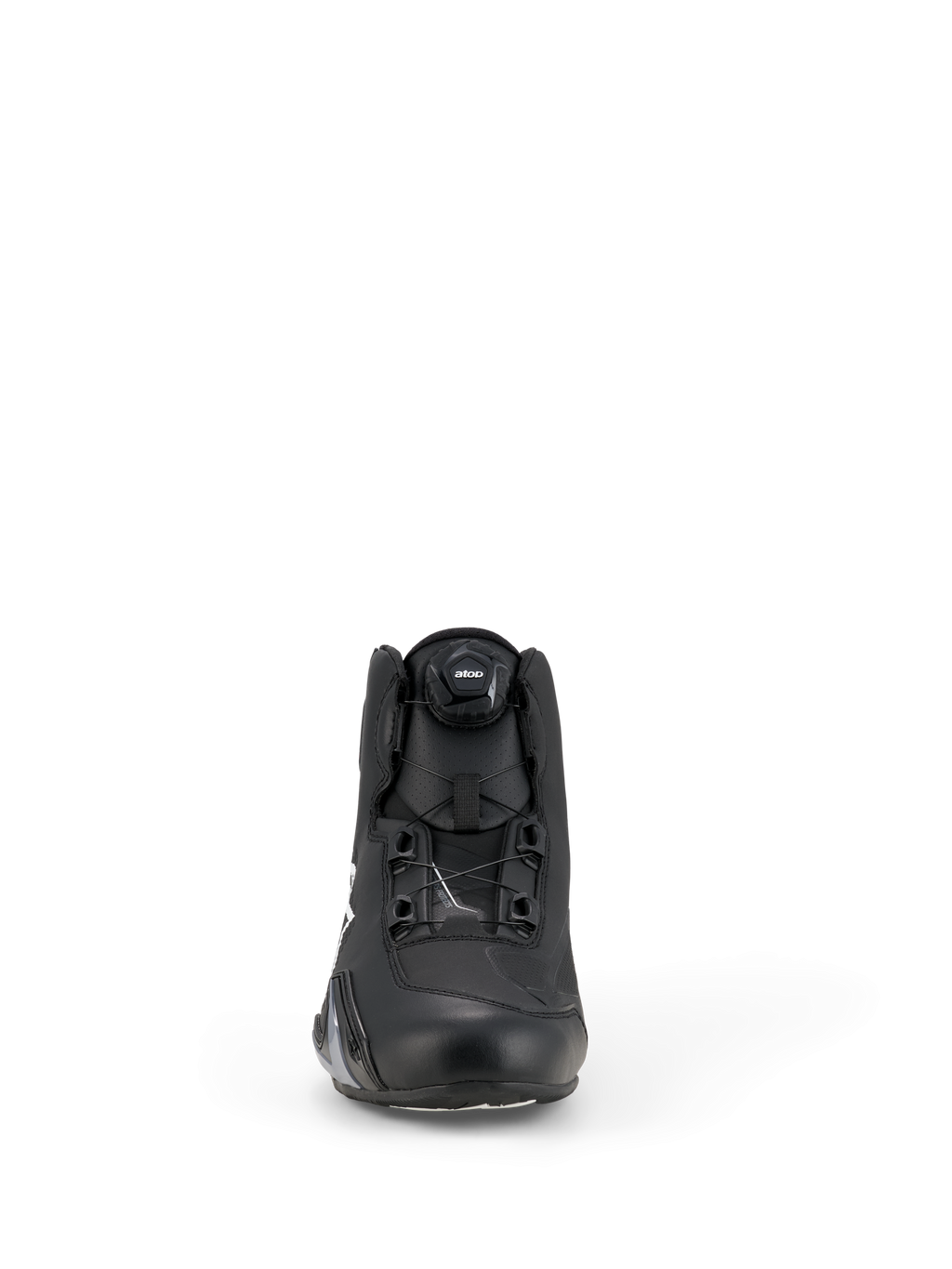 Scarpe Alpinestars Celer, scarpe da moto, nero e bianco, vista frontale che mostra l'innovativo sistema di chiusura a rotore Rotor, costruzione in microfibra tecnica, design sportivo e performante