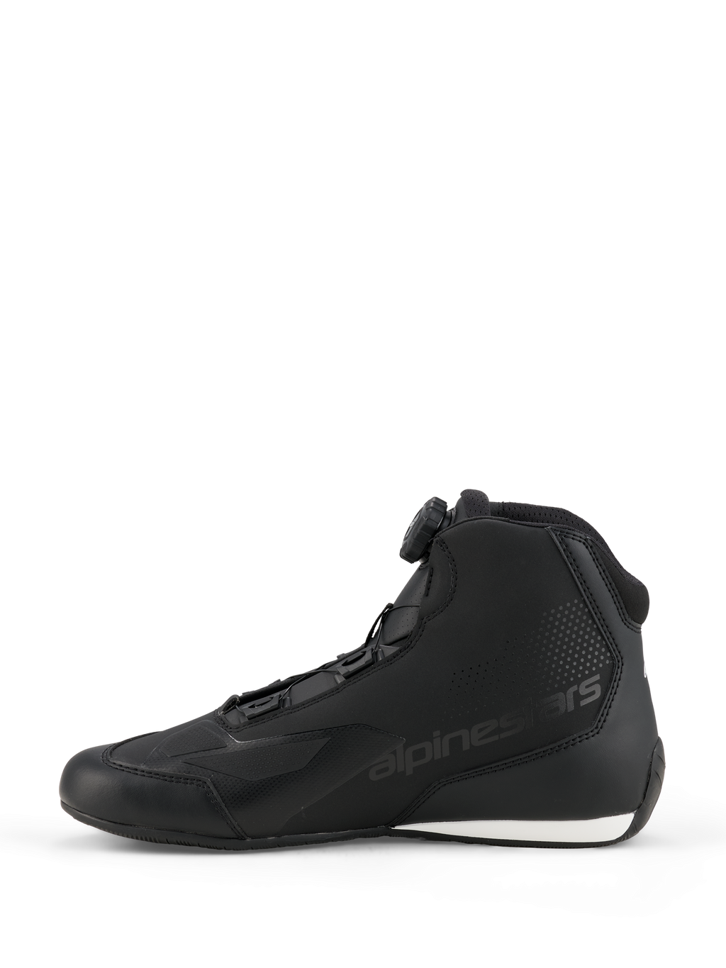 Scarpe Alpinestars Celer, scarpe da moto, nero e bianco, profilo laterale con sistema di chiusura Rotor, costruzione in microfibra con logo in rilievo e contrasto bianco sul tallone.