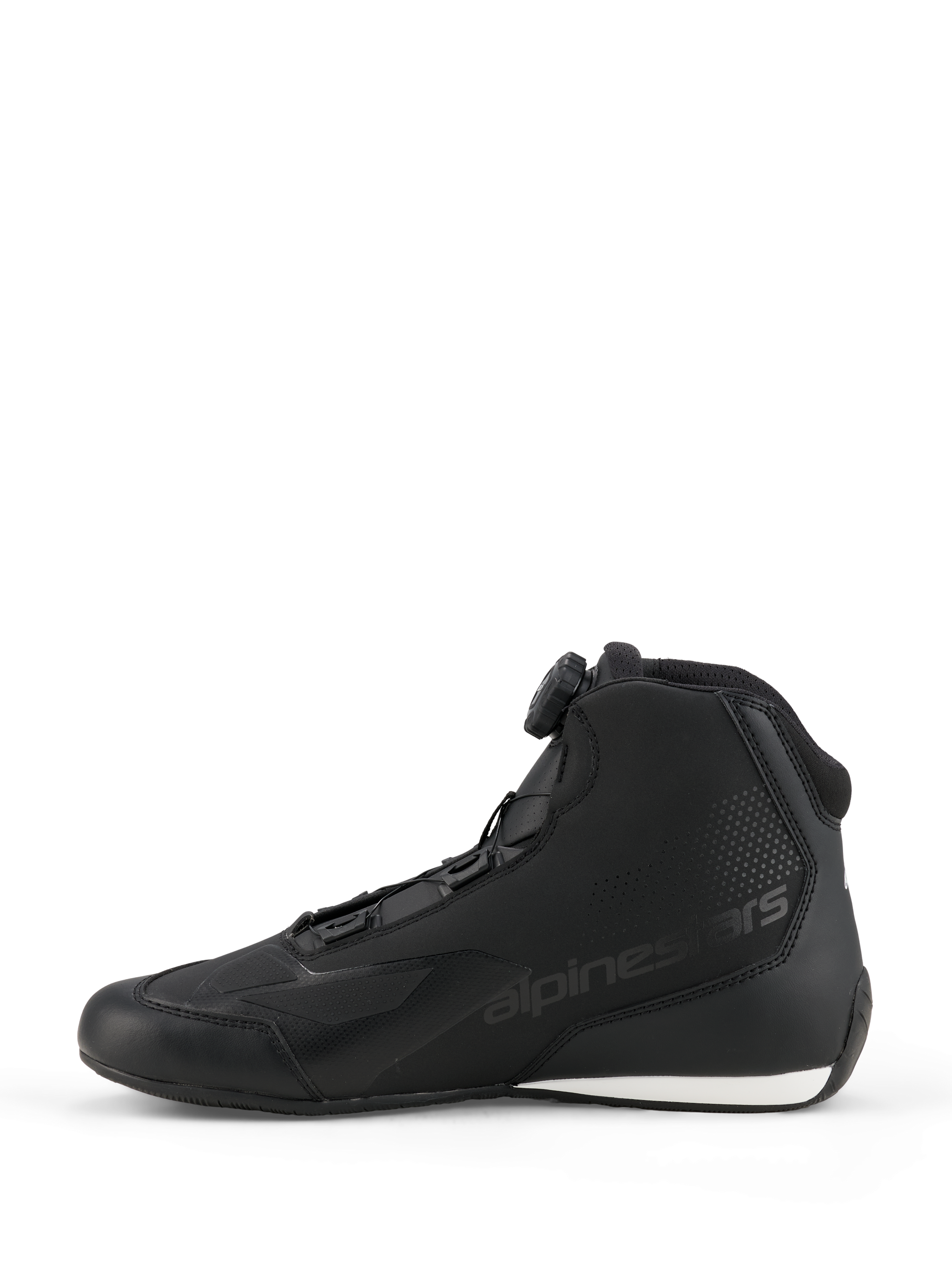 Scarpe Alpinestars Celer, scarpe da moto, nero e bianco, profilo laterale con sistema di chiusura Rotor, costruzione in microfibra con logo in rilievo e contrasto bianco sul tallone.