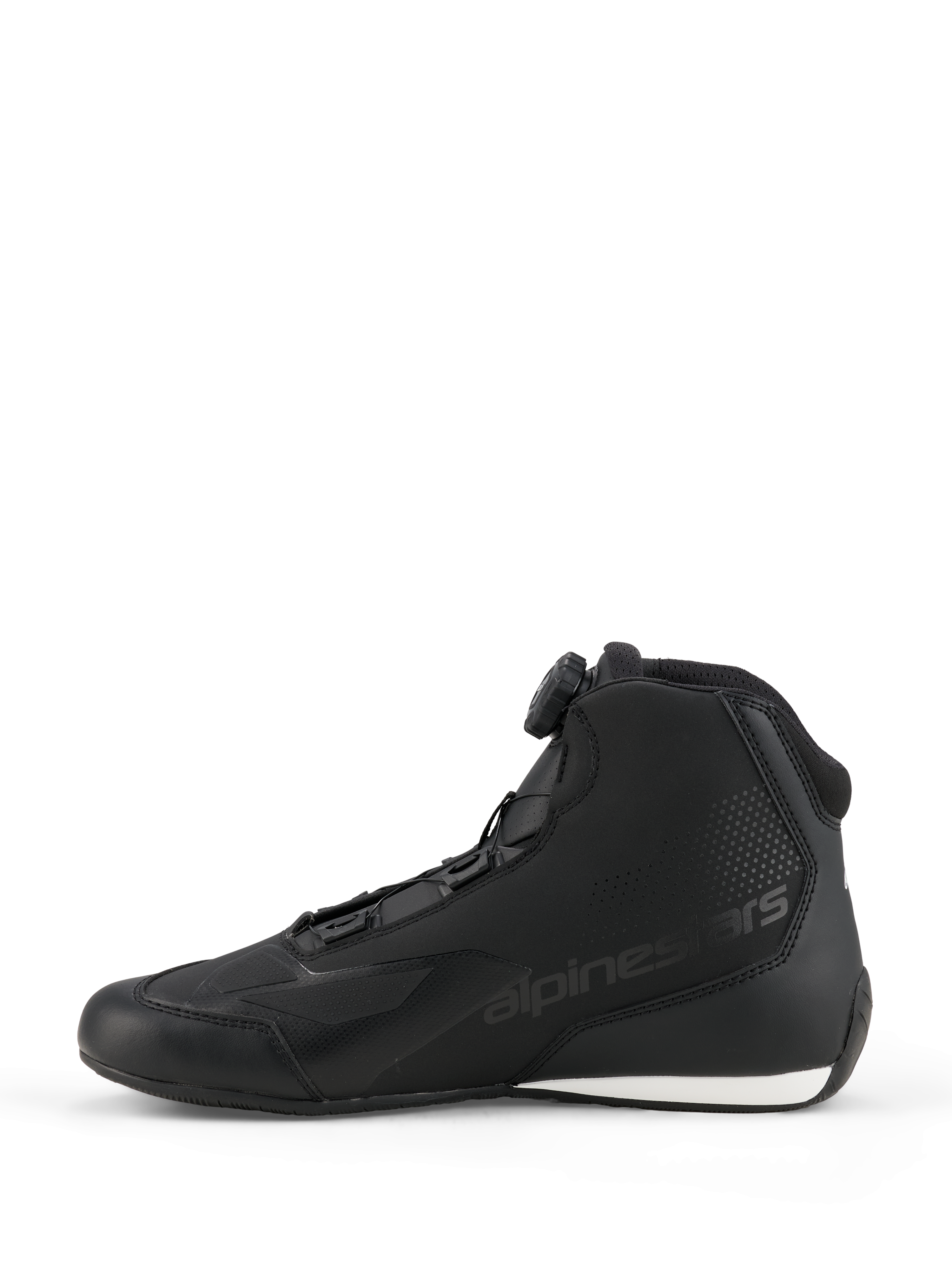 Scarpe Alpinestars Celer, scarpe da moto, nero e bianco, profilo laterale con sistema di chiusura Rotor, costruzione in microfibra con logo in rilievo e contrasto bianco sul tallone.