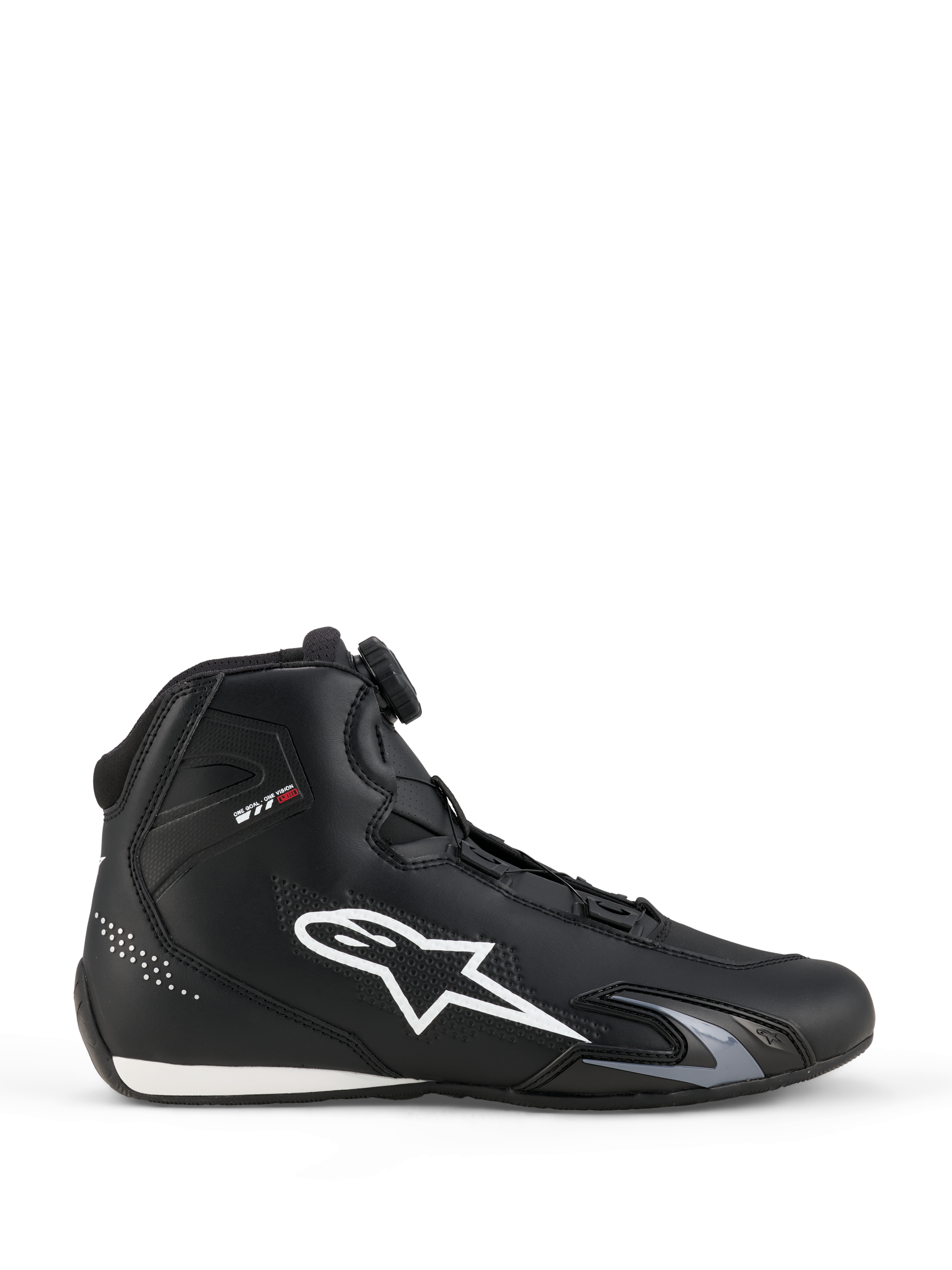 Scarpe Alpinestars Celer, scarpe da moto, nero e bianco, profilo laterale con grande logo a stella bianco, sistema di chiusura a rotore per la regolazione della calzata e silhouette sportiva ad alte prestazioni