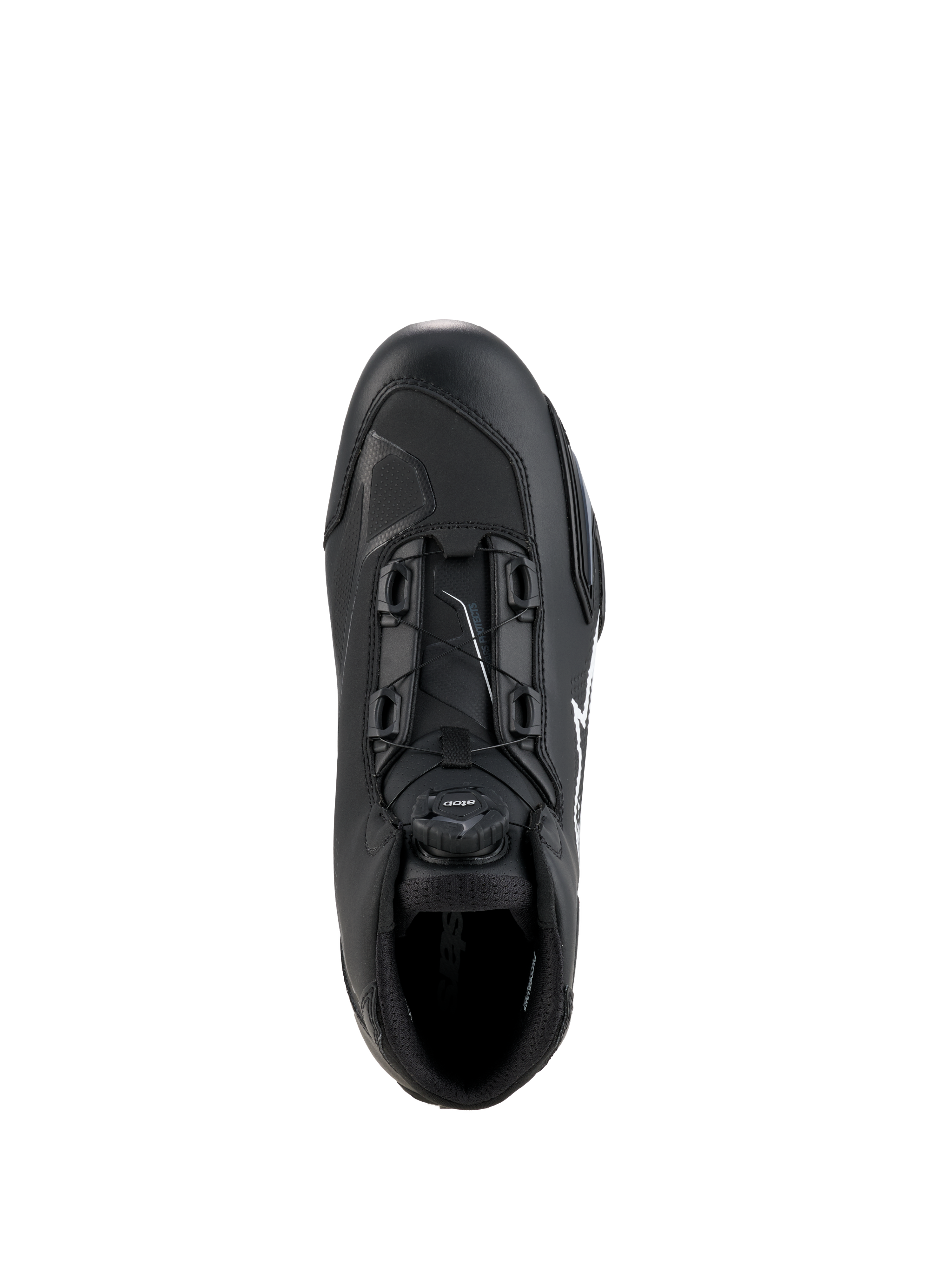 Scarpe Alpinestars Celer, nero e bianco, vista dall'alto con dettaglio del sistema di chiusura Rotor, costruzione in microfibra tecnica, silhouette sportiva per la guida