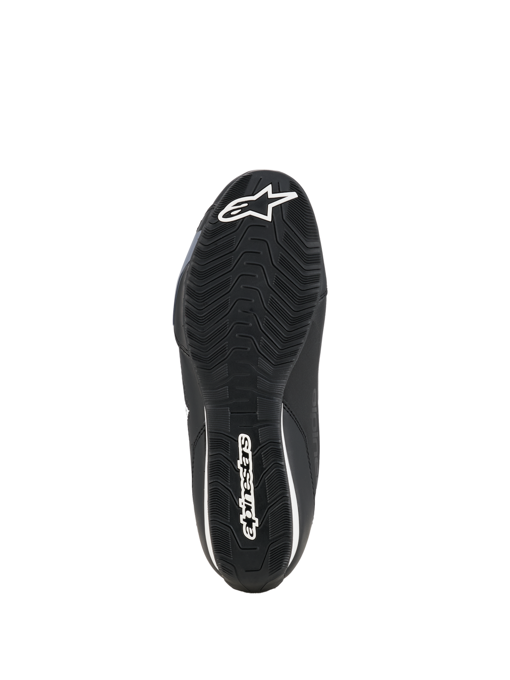 Scarpe Alpinestars Celer, scarpe da moto, nero bianco, vista della parte inferiore della suola in gomma resistente all'olio con motivo di aderenza testurizzato e marchio Alpinestars bianco.