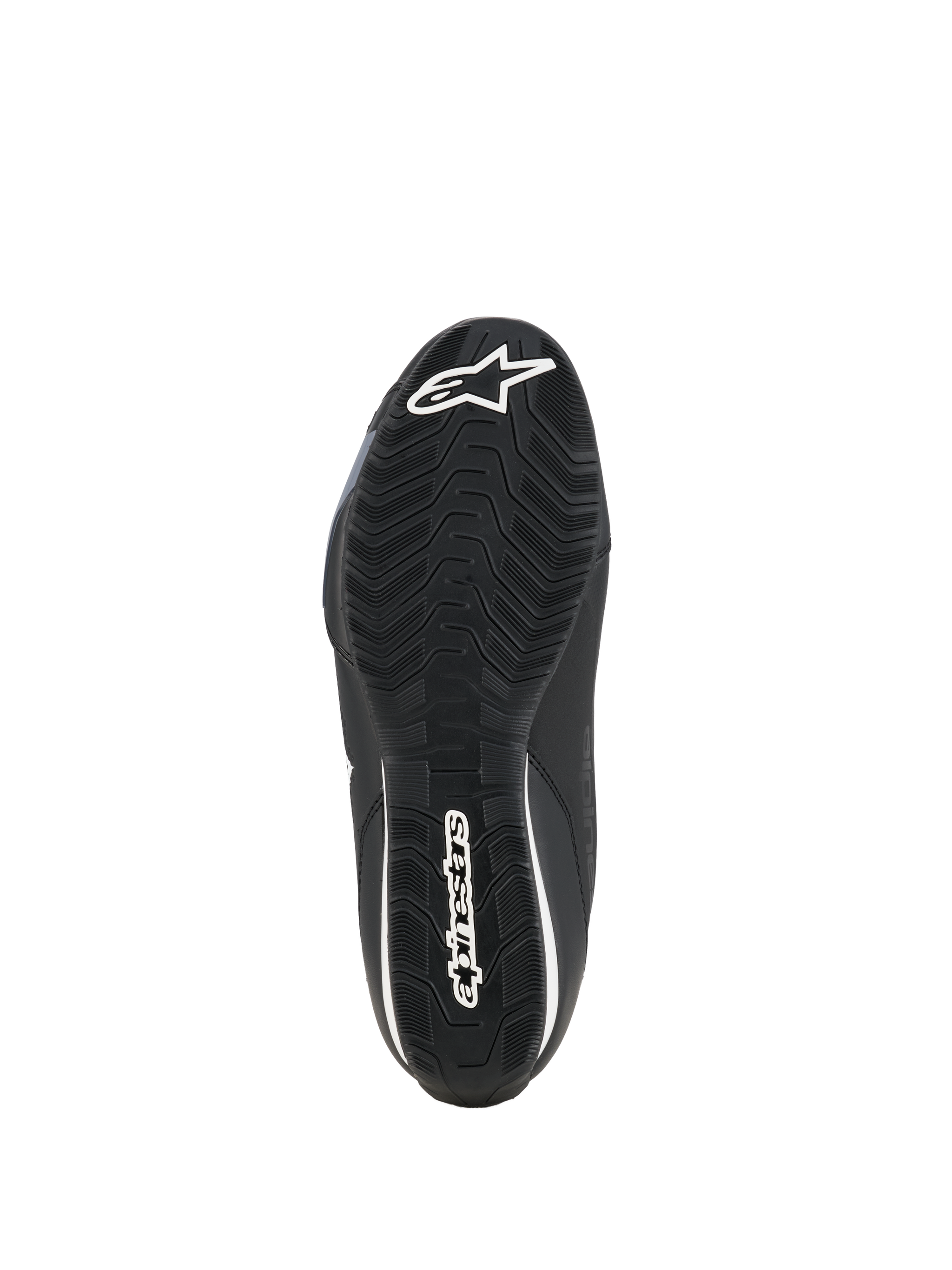 Scarpe Alpinestars Celer, scarpe da moto, nero bianco, vista della parte inferiore della suola in gomma resistente all'olio con motivo di aderenza testurizzato e marchio Alpinestars bianco.