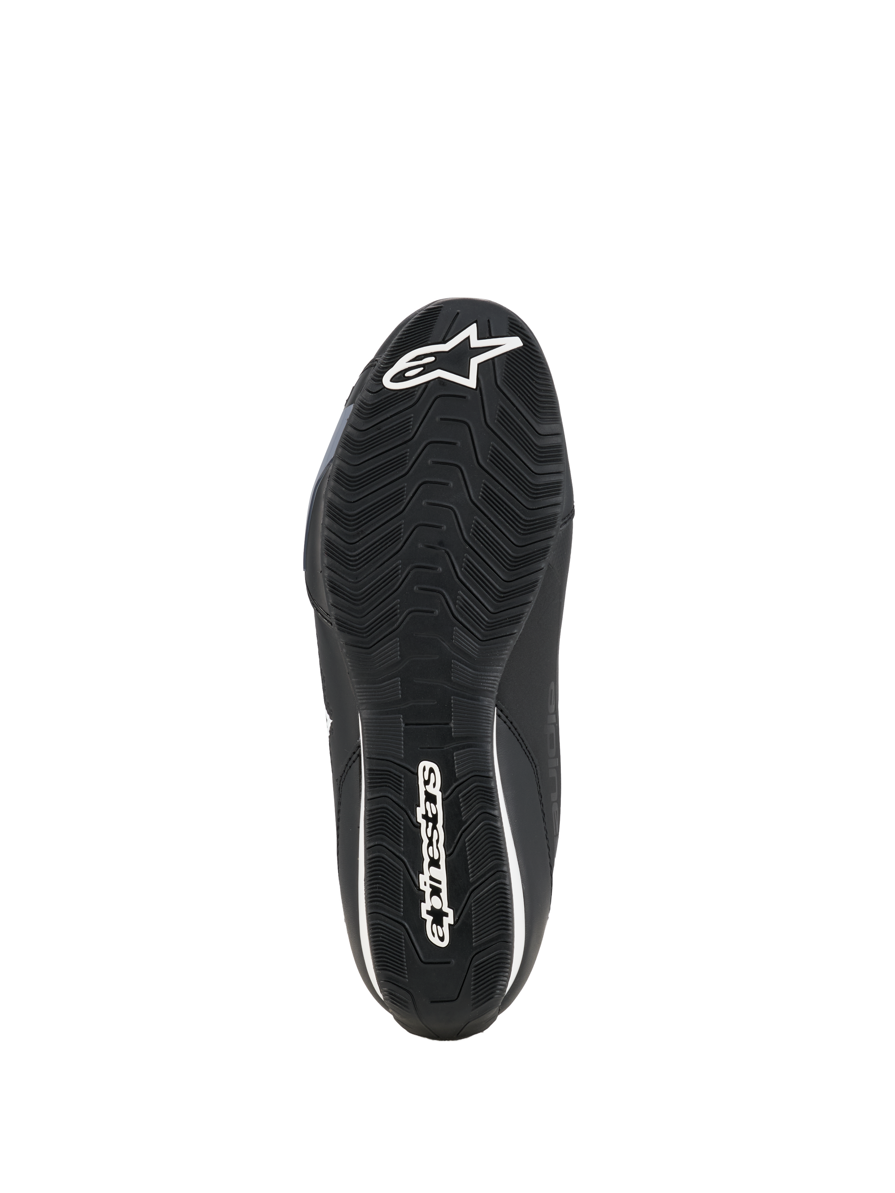 Scarpe Alpinestars Celer, scarpe da moto, nero bianco, vista della parte inferiore della suola in gomma resistente all'olio con motivo di aderenza testurizzato e marchio Alpinestars bianco.