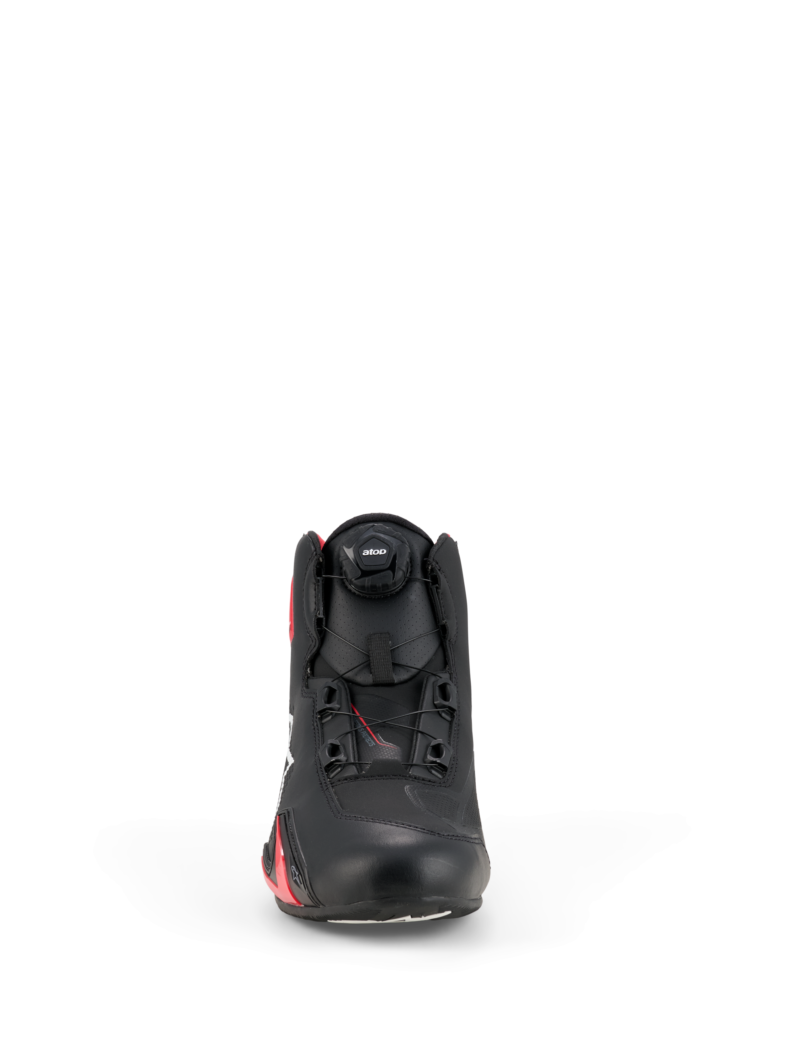 Alpinestars Scarpe Celer, scarpe da moto, nero e rosso brillante, vista frontale con sistema di chiusura a rotore, tomaia in microfibra tecnica e design aerodinamico ispirato alle corse