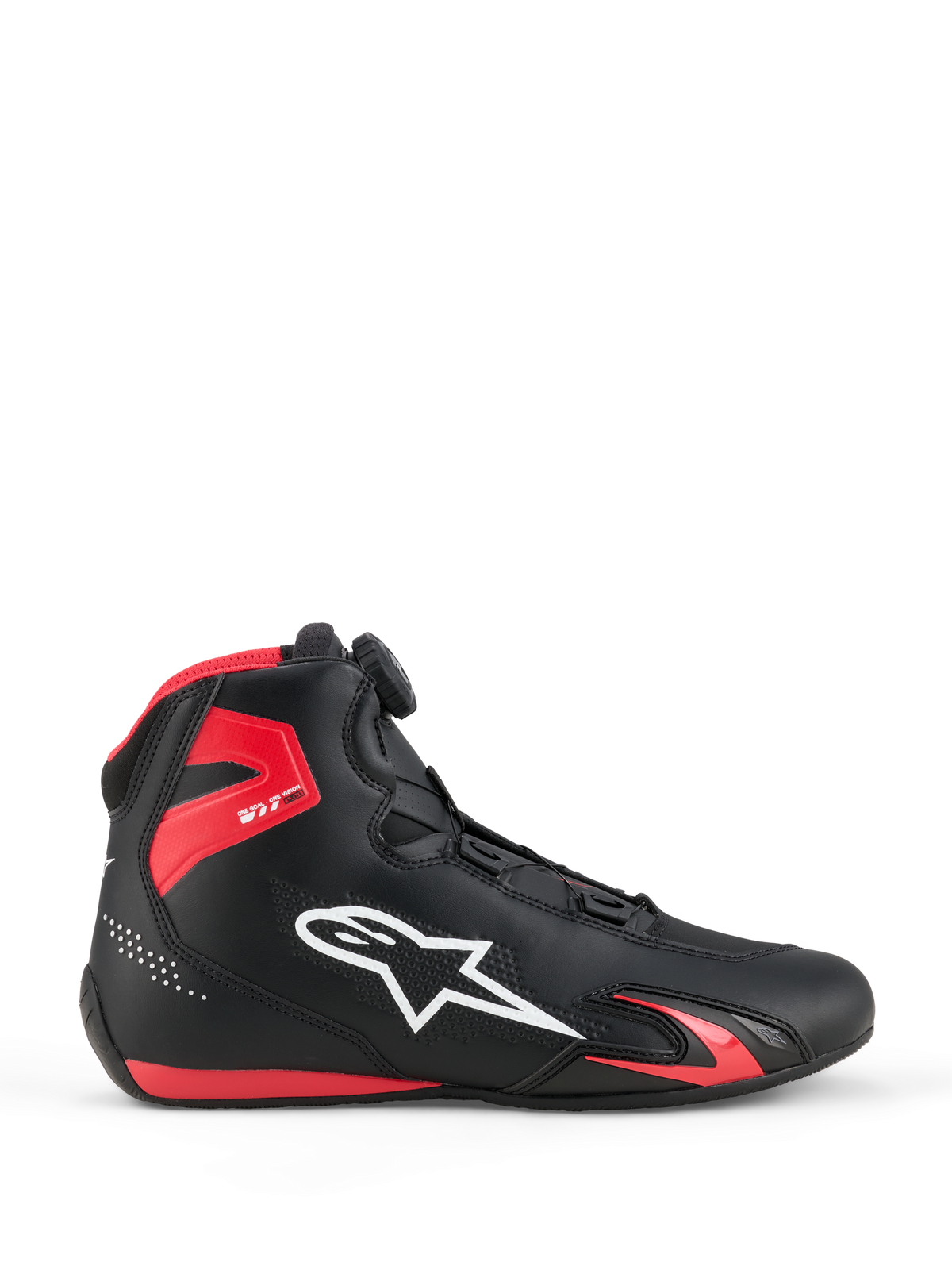Scarpe Alpinestars Celer, scarpe da moto, nero e rosso acceso, vista laterale con logo Alpinestars bianco, sistema di chiusura Rotor, protezione per la caviglia in TPU rosso e costruzione aerodinamica in microfibra per sport e racing