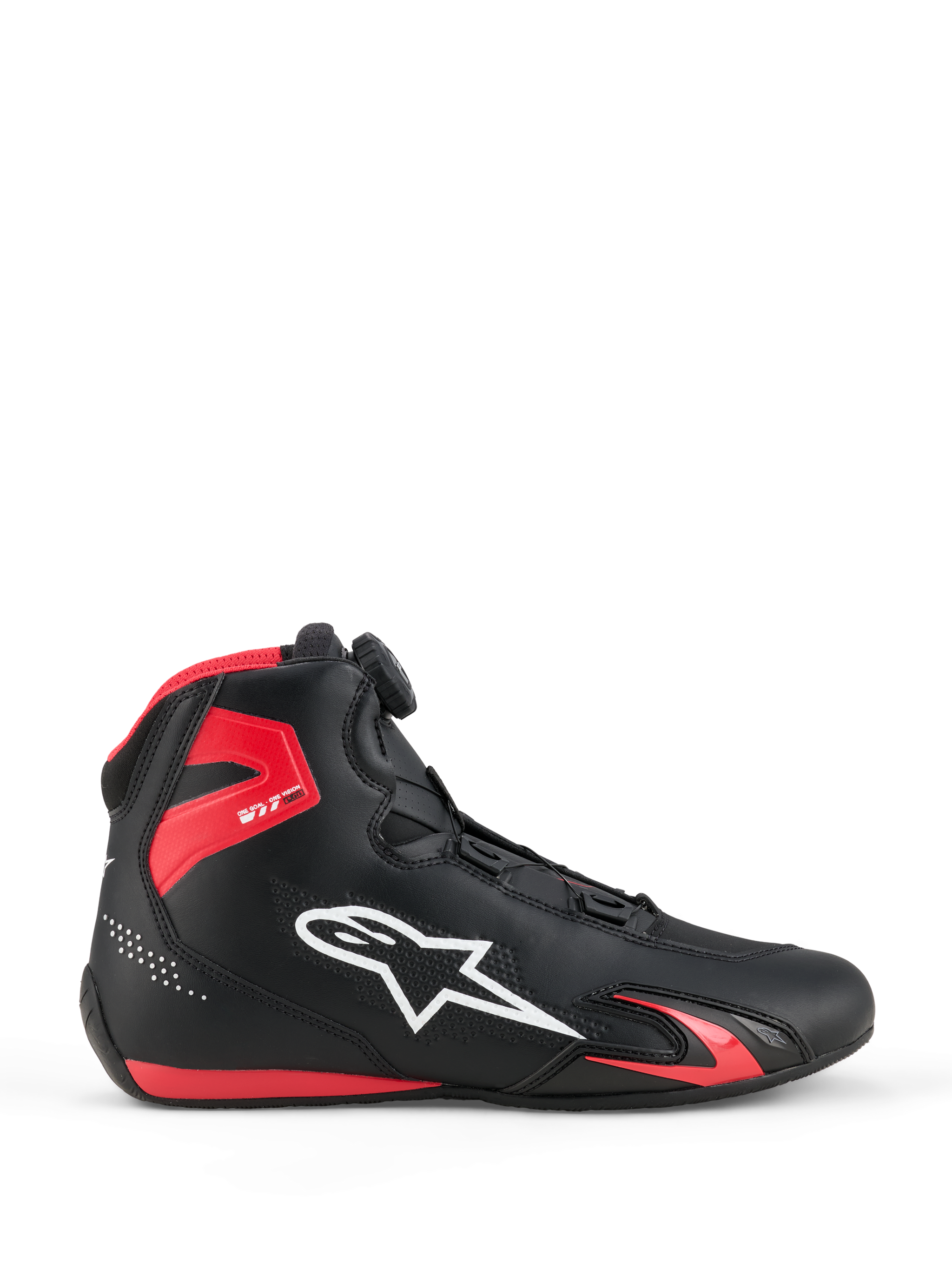 Scarpe Alpinestars Celer, scarpe da moto, nero e rosso acceso, vista laterale con logo Alpinestars bianco, sistema di chiusura Rotor, protezione per la caviglia in TPU rosso e costruzione aerodinamica in microfibra per sport e racing