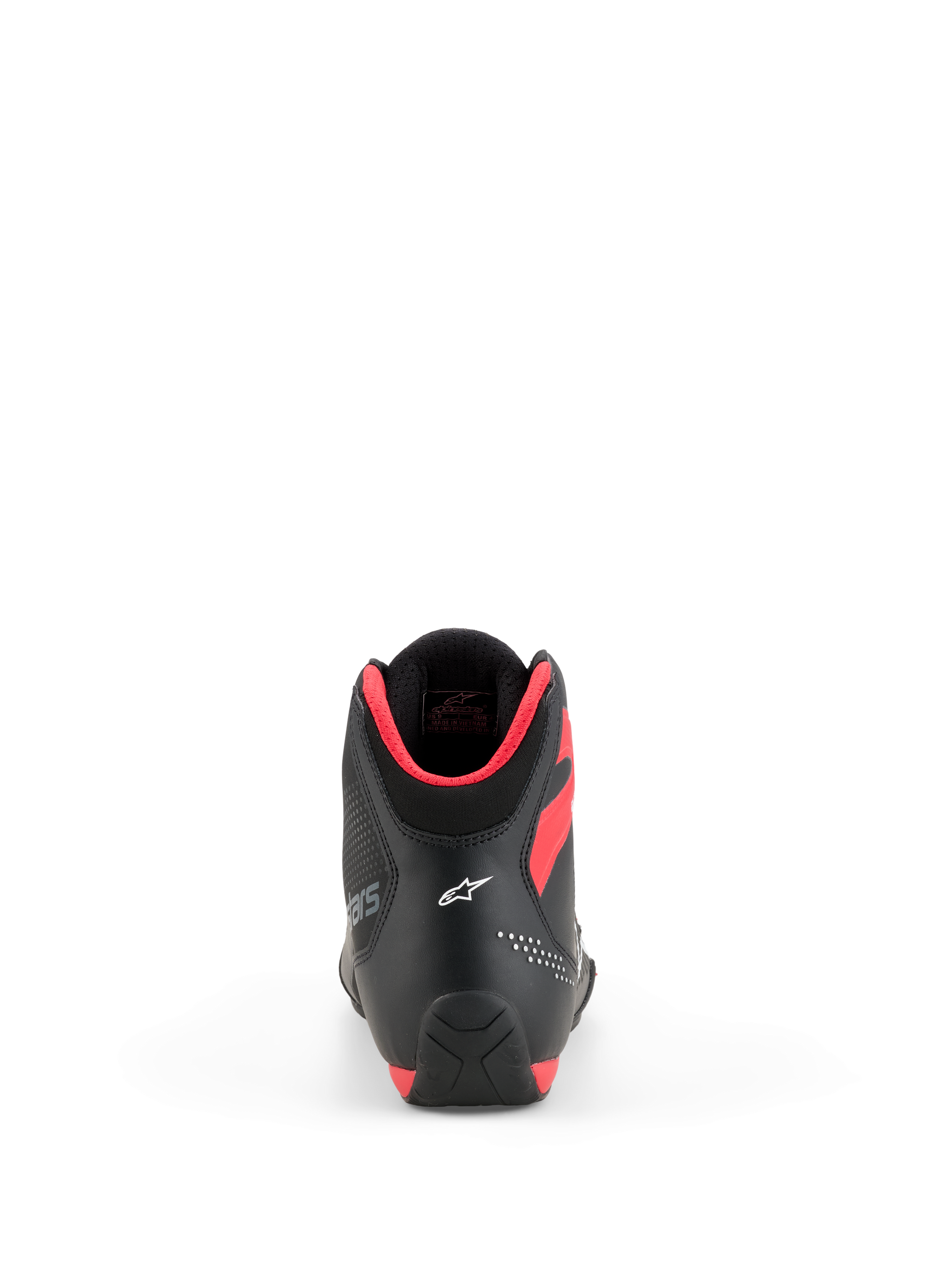 Scarpe Alpinestars Celer, scarpe da moto, nero e rosso acceso, vista posteriore con logo Astar bianco sul tallone e imbottitura del colletto in rosso acceso, design sportivo e performante